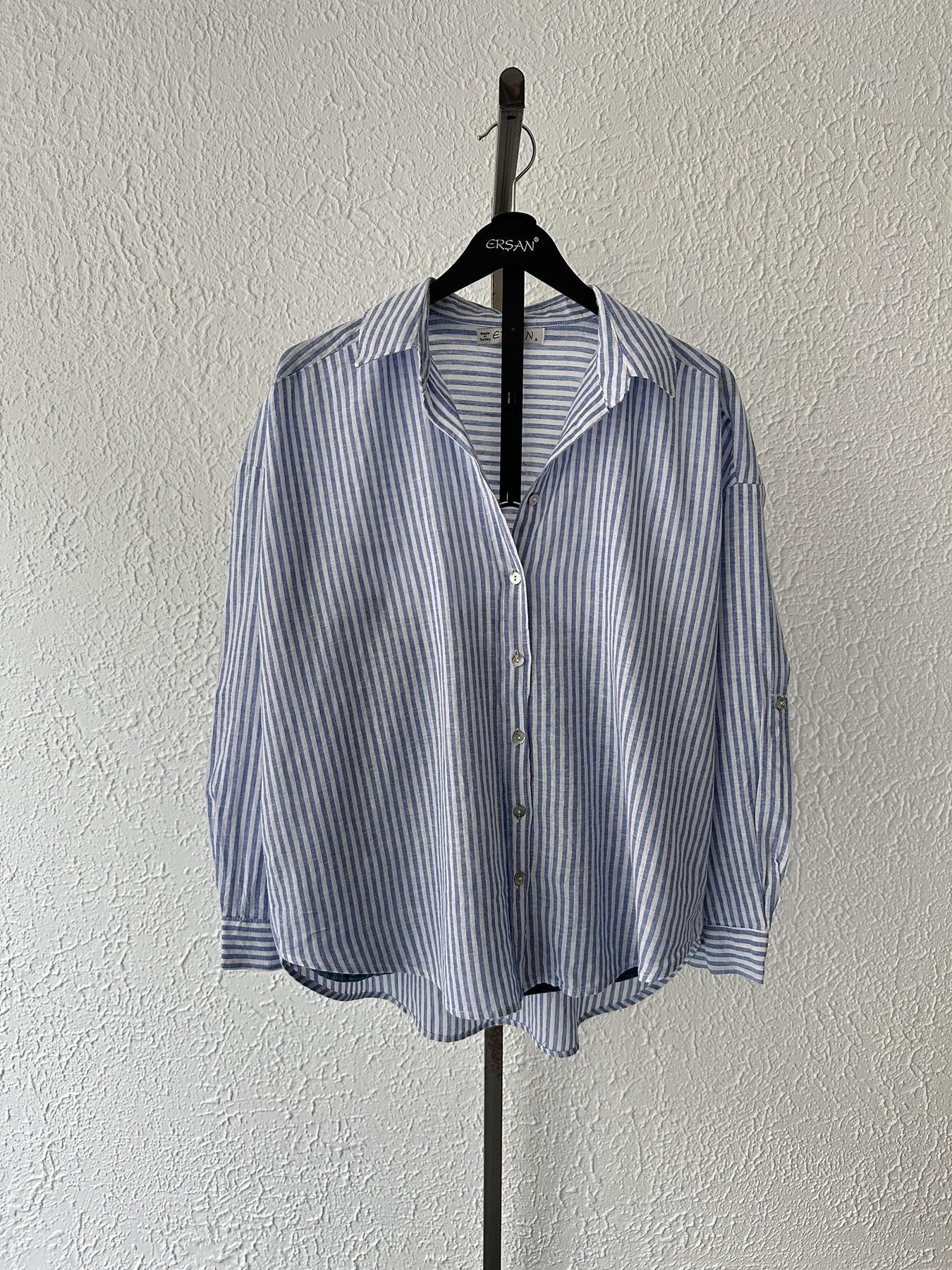 Çizgili Keten Gömlek Sax-beyaz