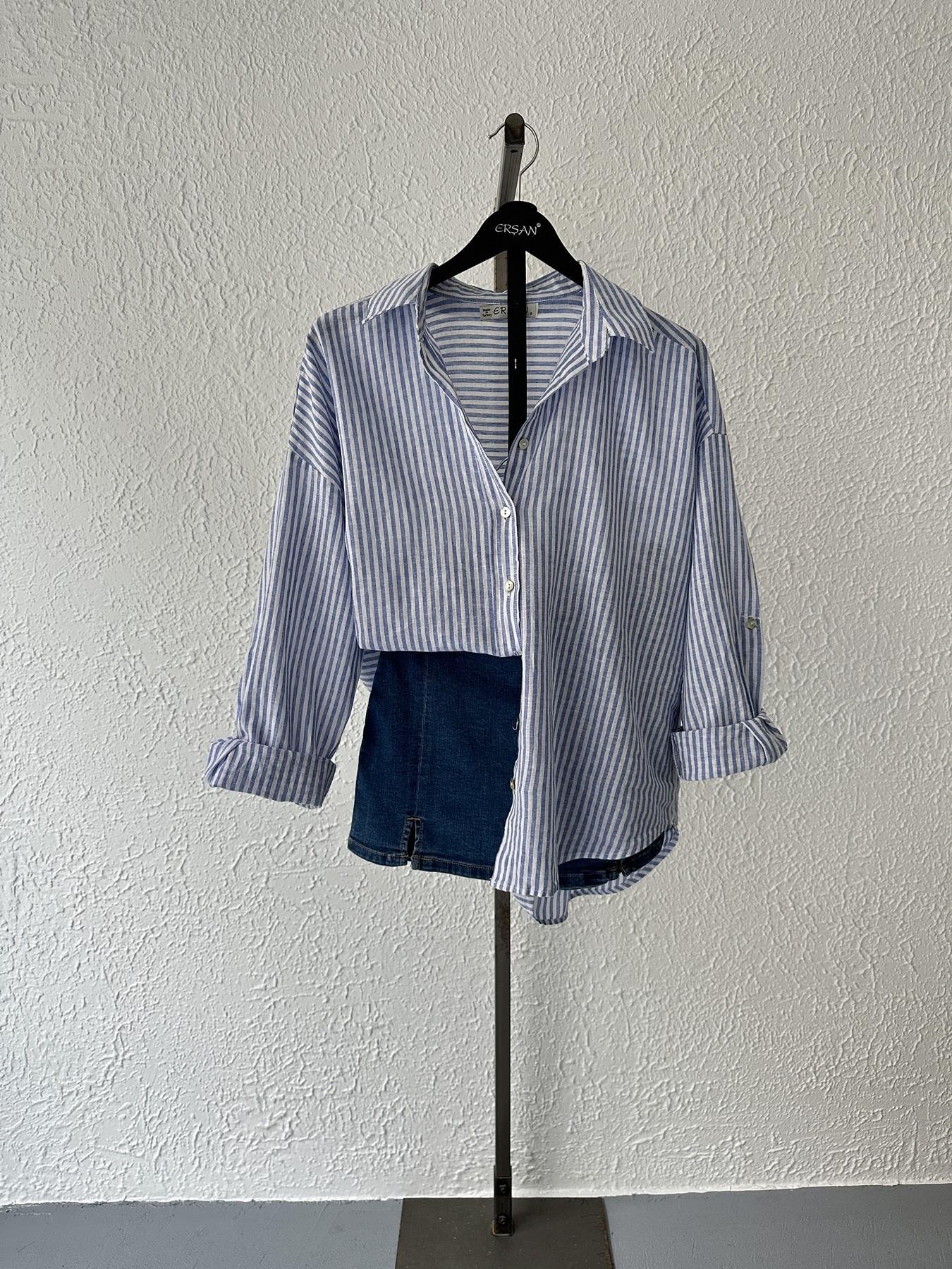 Çizgili Keten Gömlek Sax-beyaz