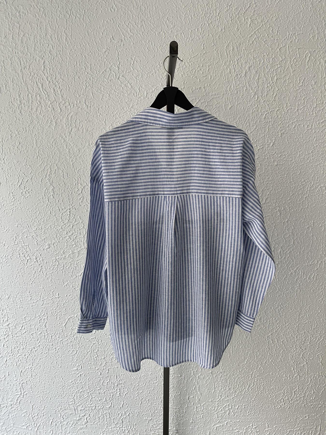 Çizgili Keten Gömlek Sax-beyaz