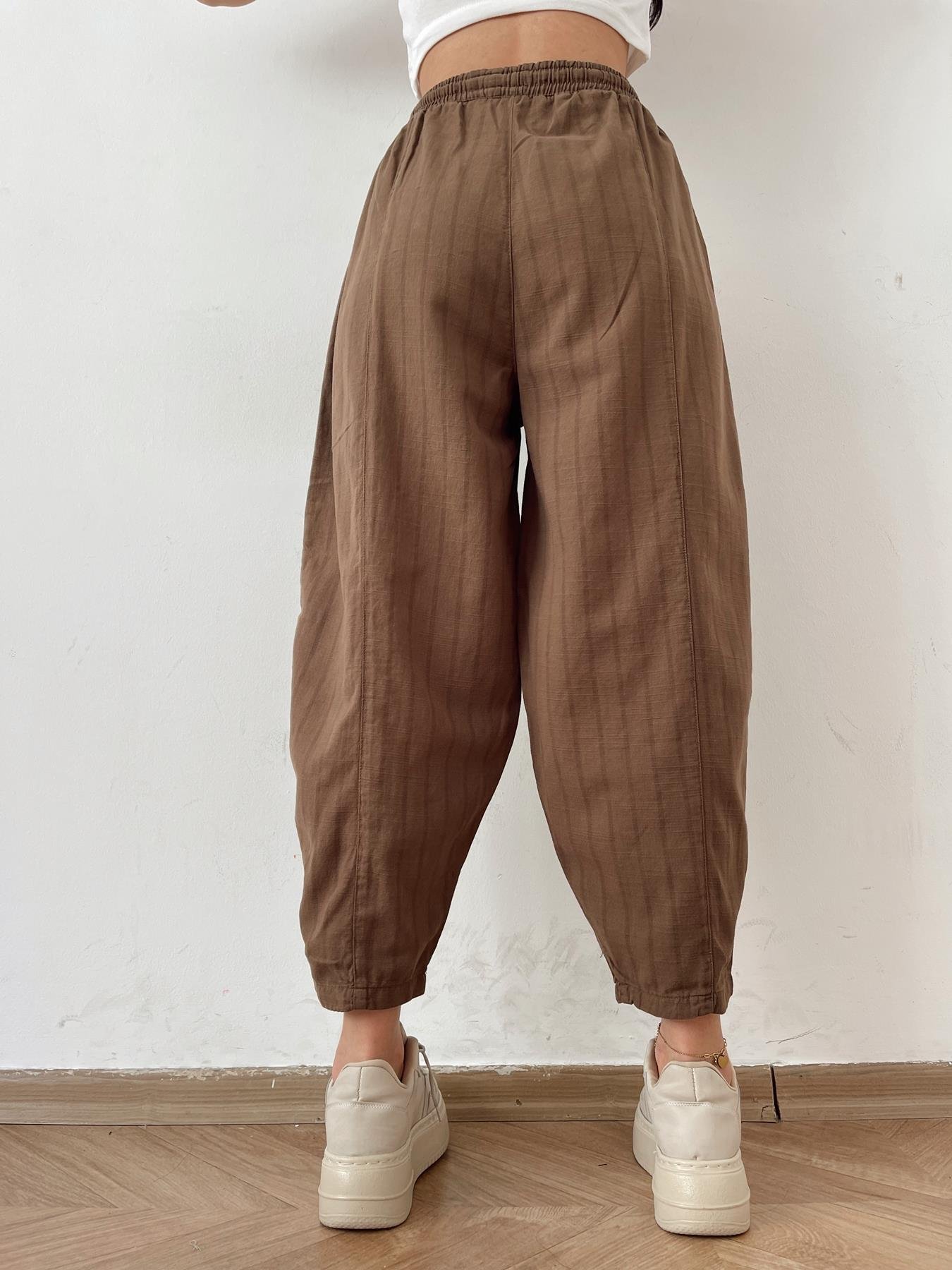 Çizgili Keten Pantolon KAHVE