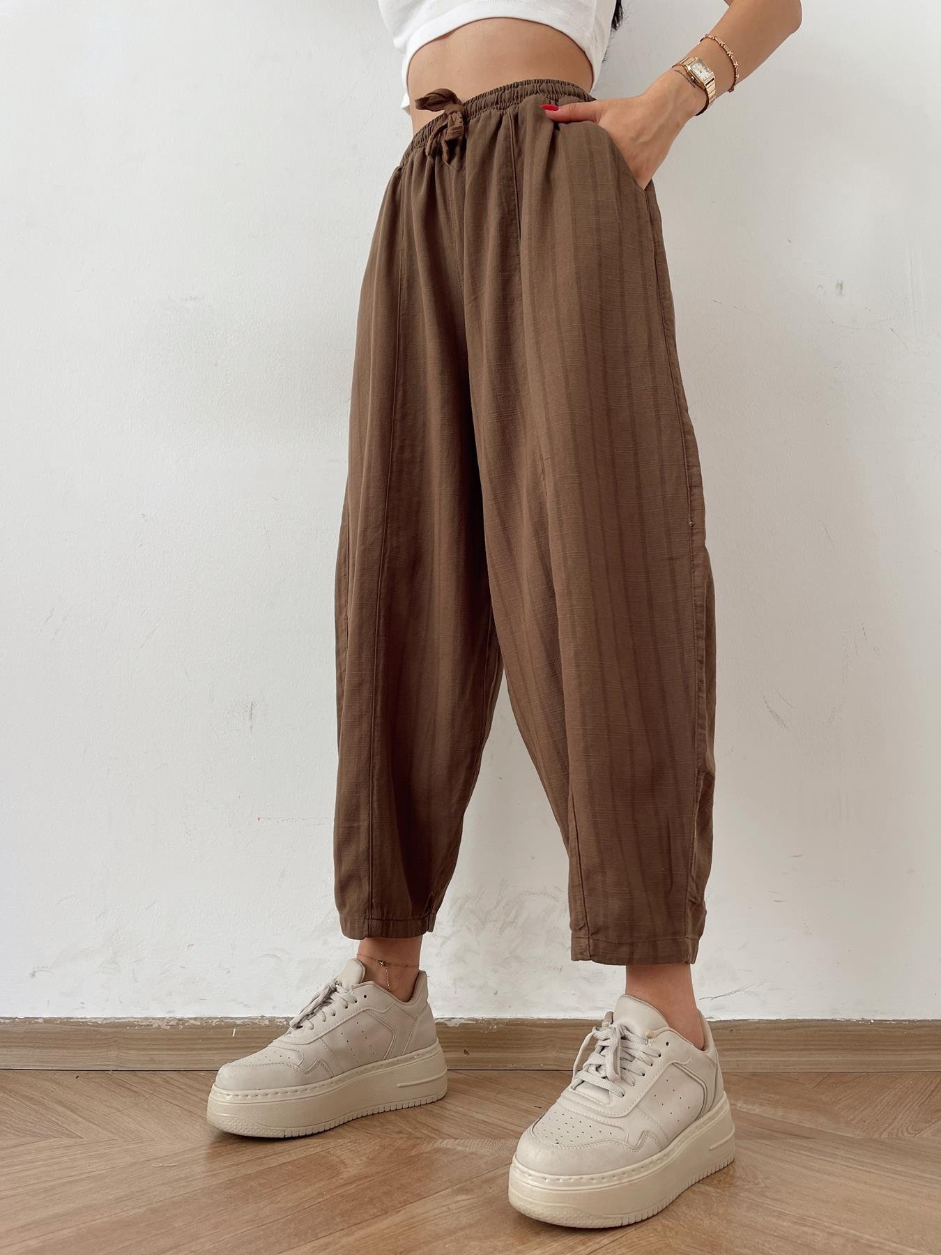 Çizgili Keten Pantolon KAHVE