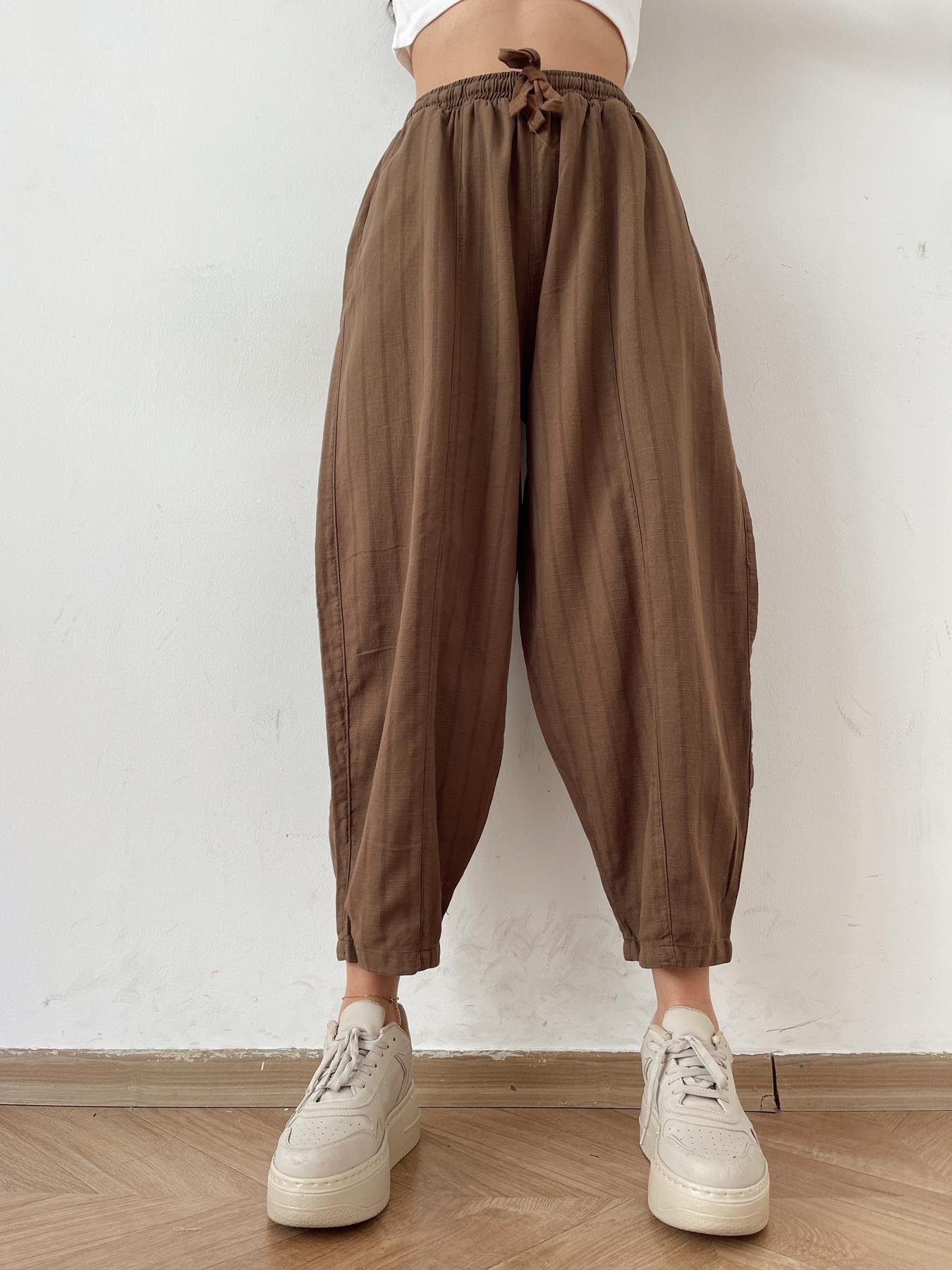 Çizgili Keten Pantolon KAHVE