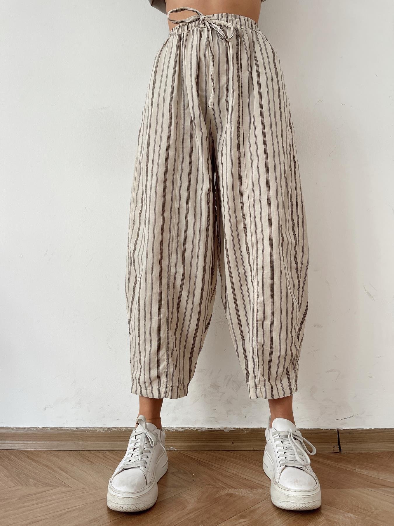 Çizgili Keten Pantolon TAŞ