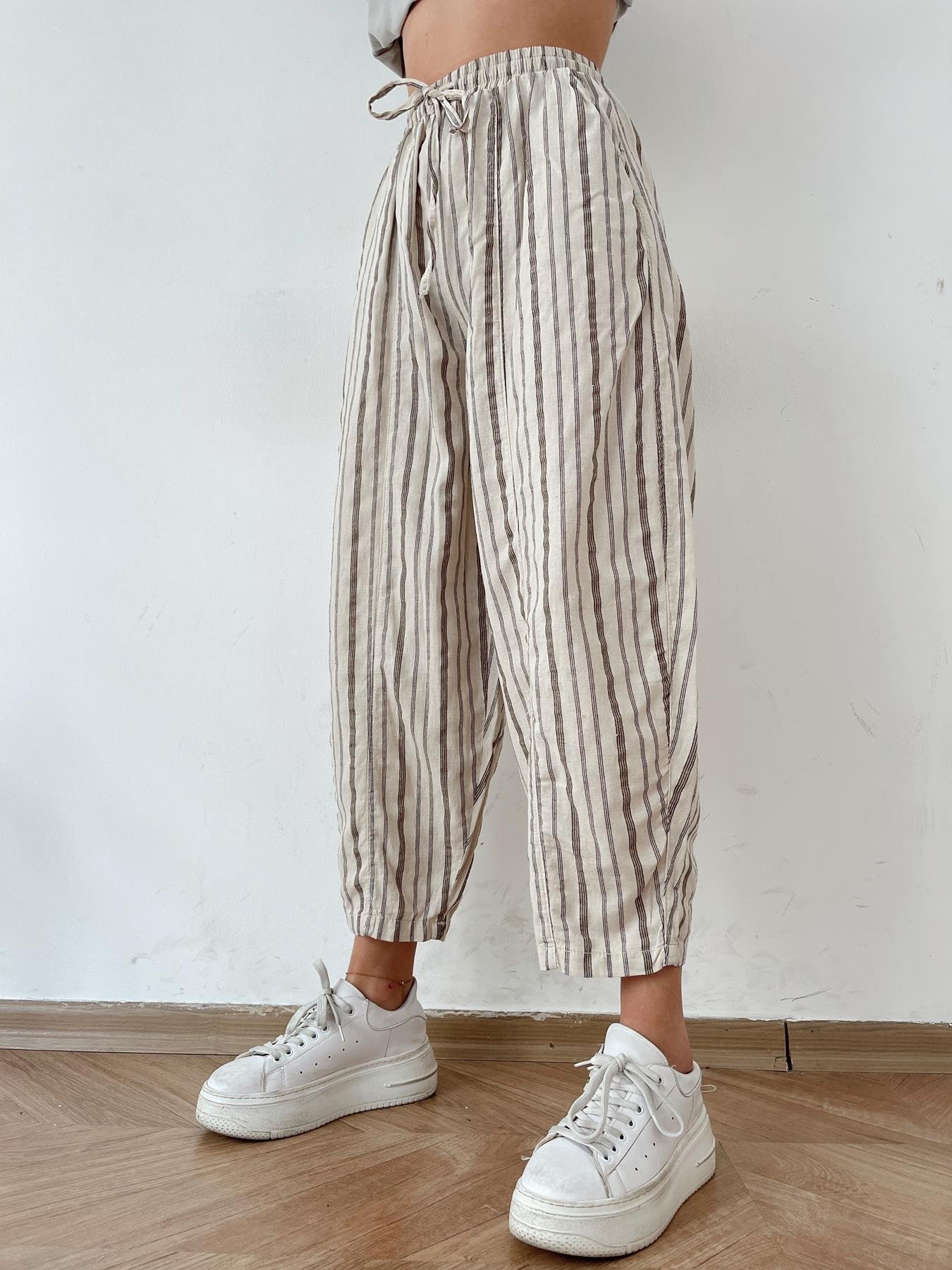 Çizgili Keten Pantolon TAŞ