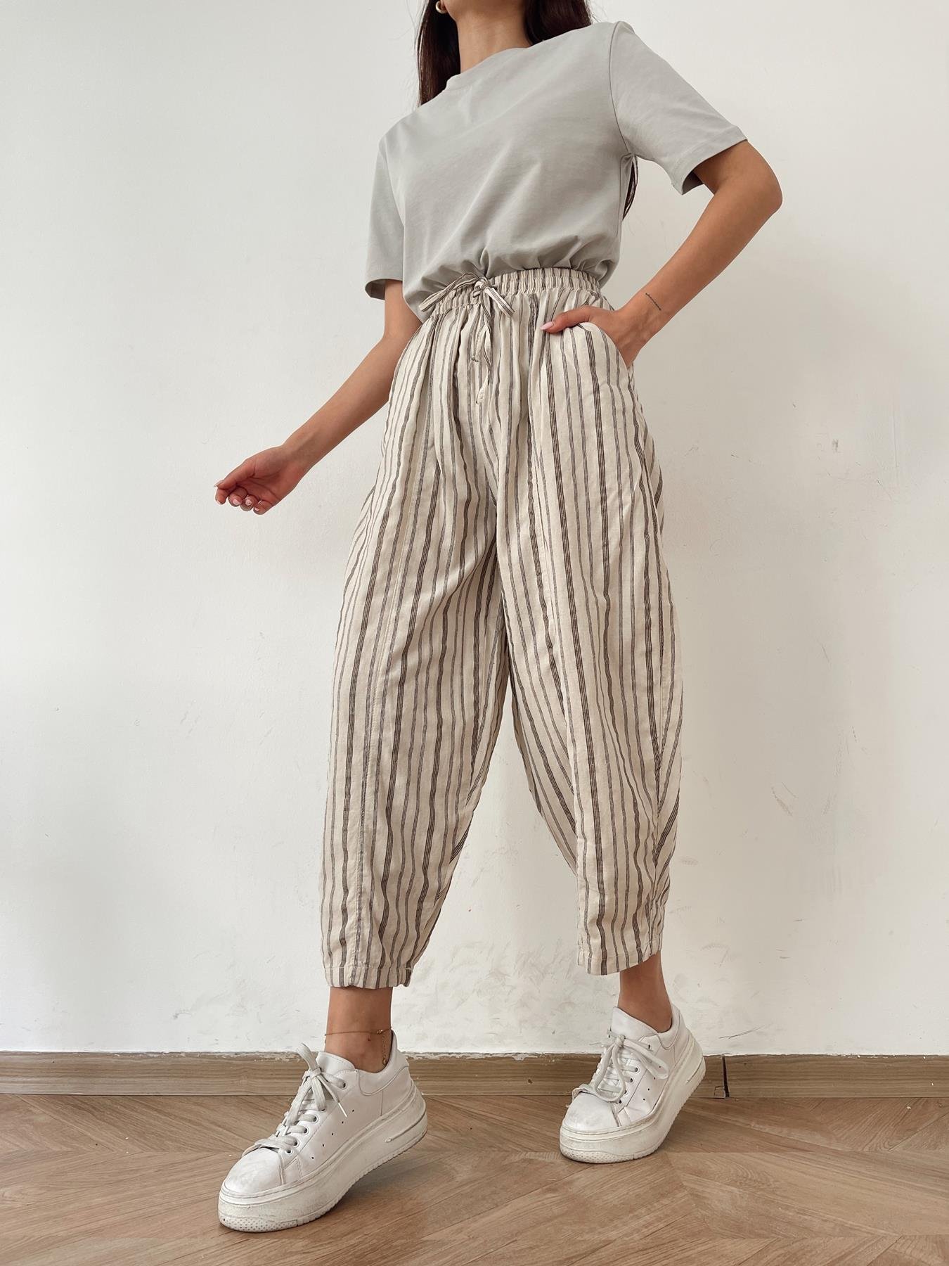Çizgili Keten Pantolon TAŞ