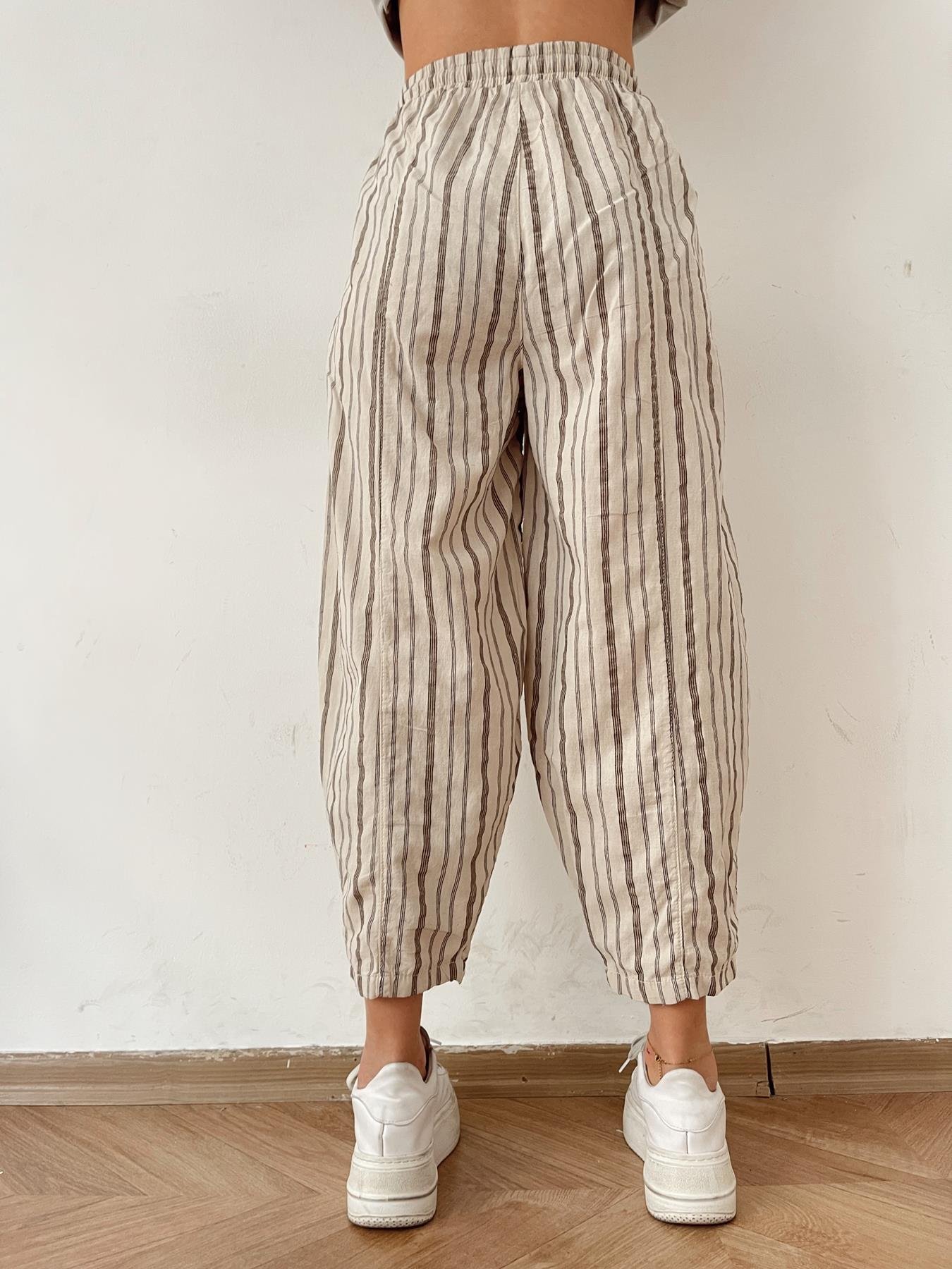 Çizgili Keten Pantolon TAŞ