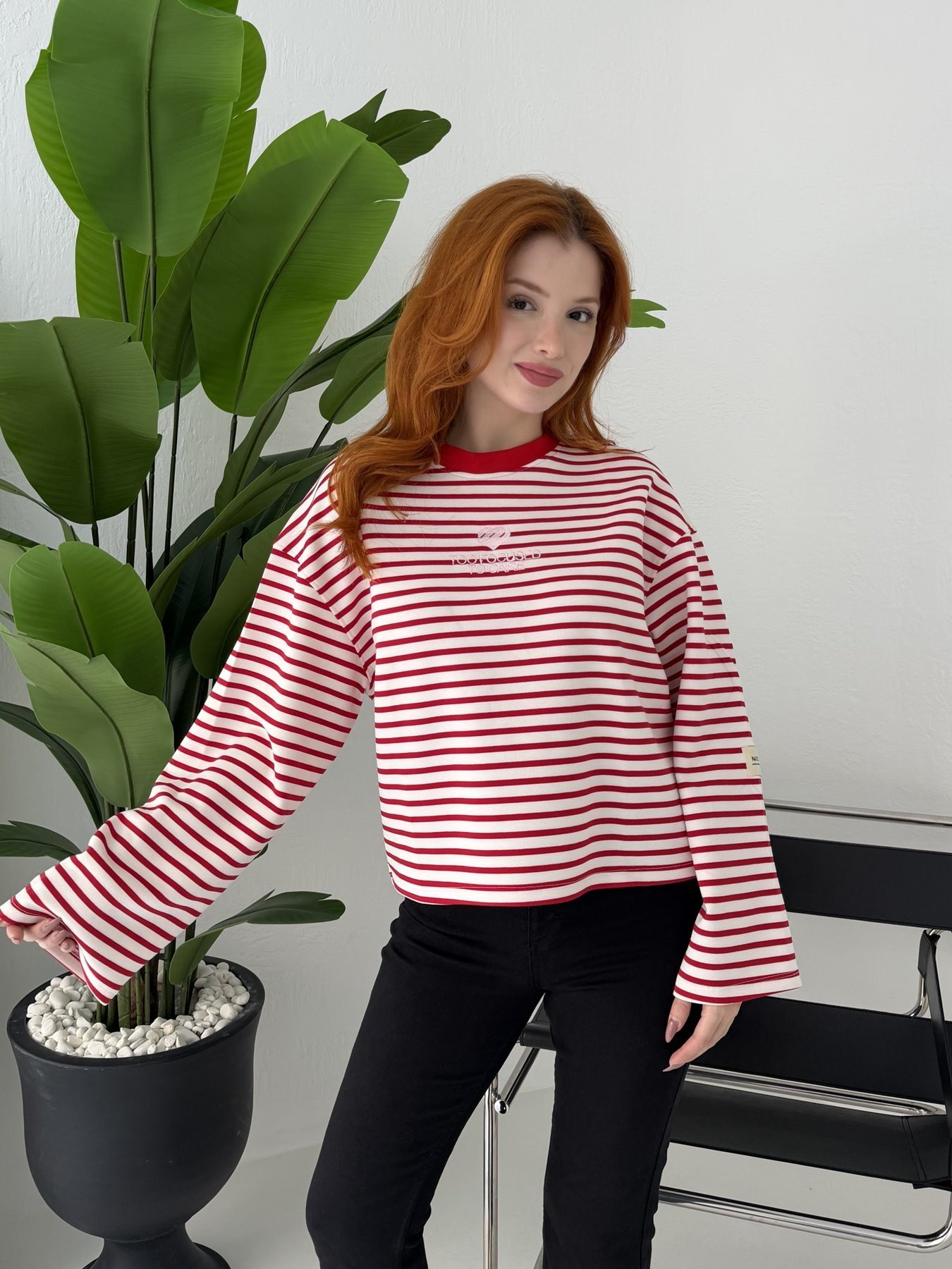 Çizgili Nakış Detay Sweatshırt Kırmızı-ekru