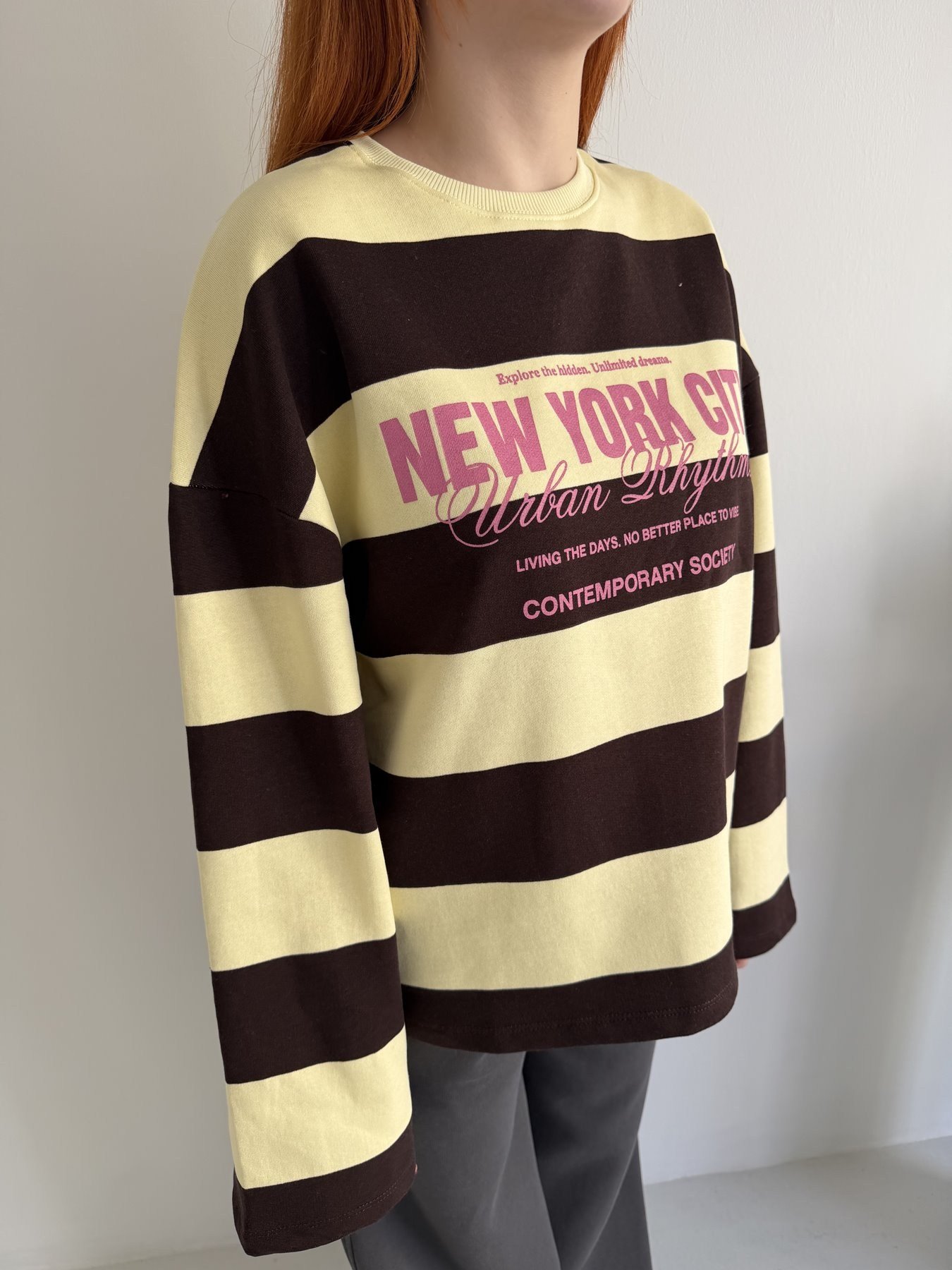 Çizgili Newyork Sweatshırt Sarı_kahve