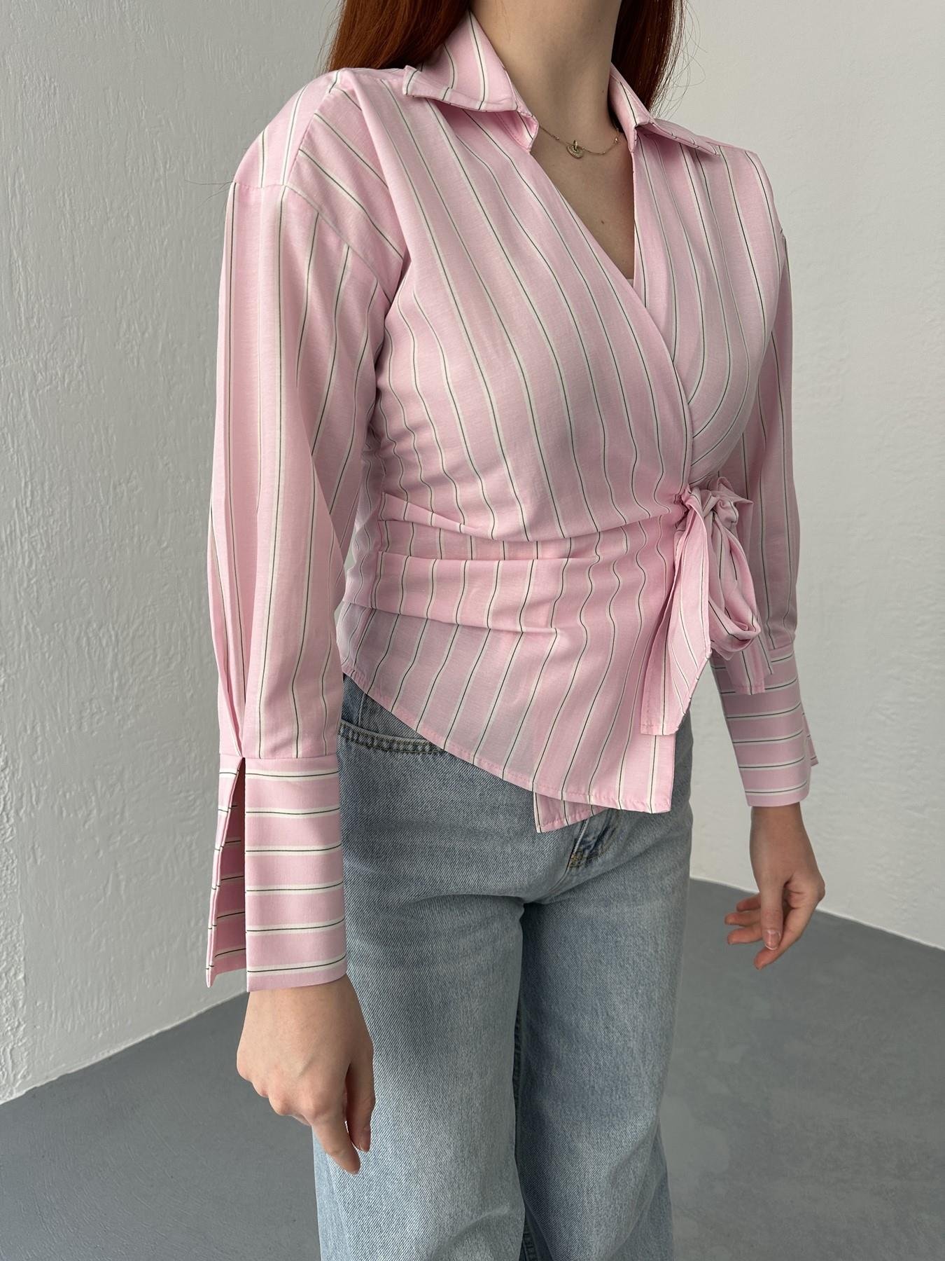 Çizgili Önü Bağlamalı Bluz Pembe