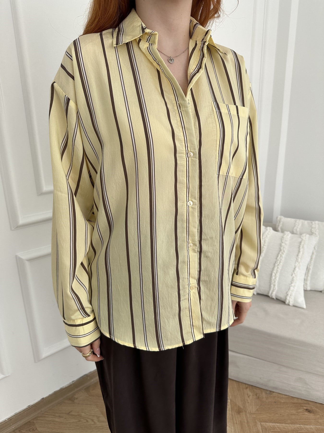 Çizgili Oversize Gömlek Sarı_kahve