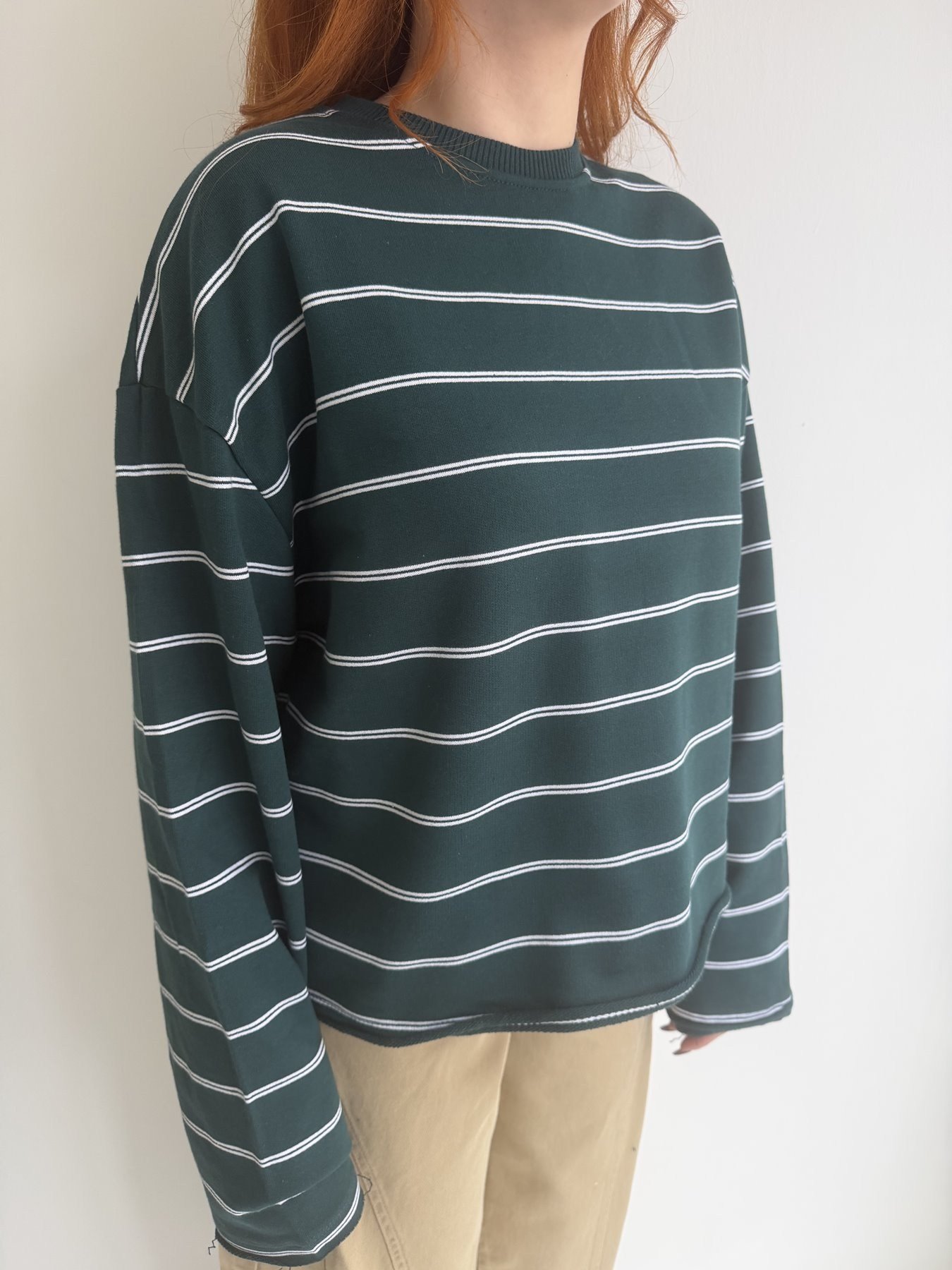 Çizgili Oversize Sweatshırt Yeşil
