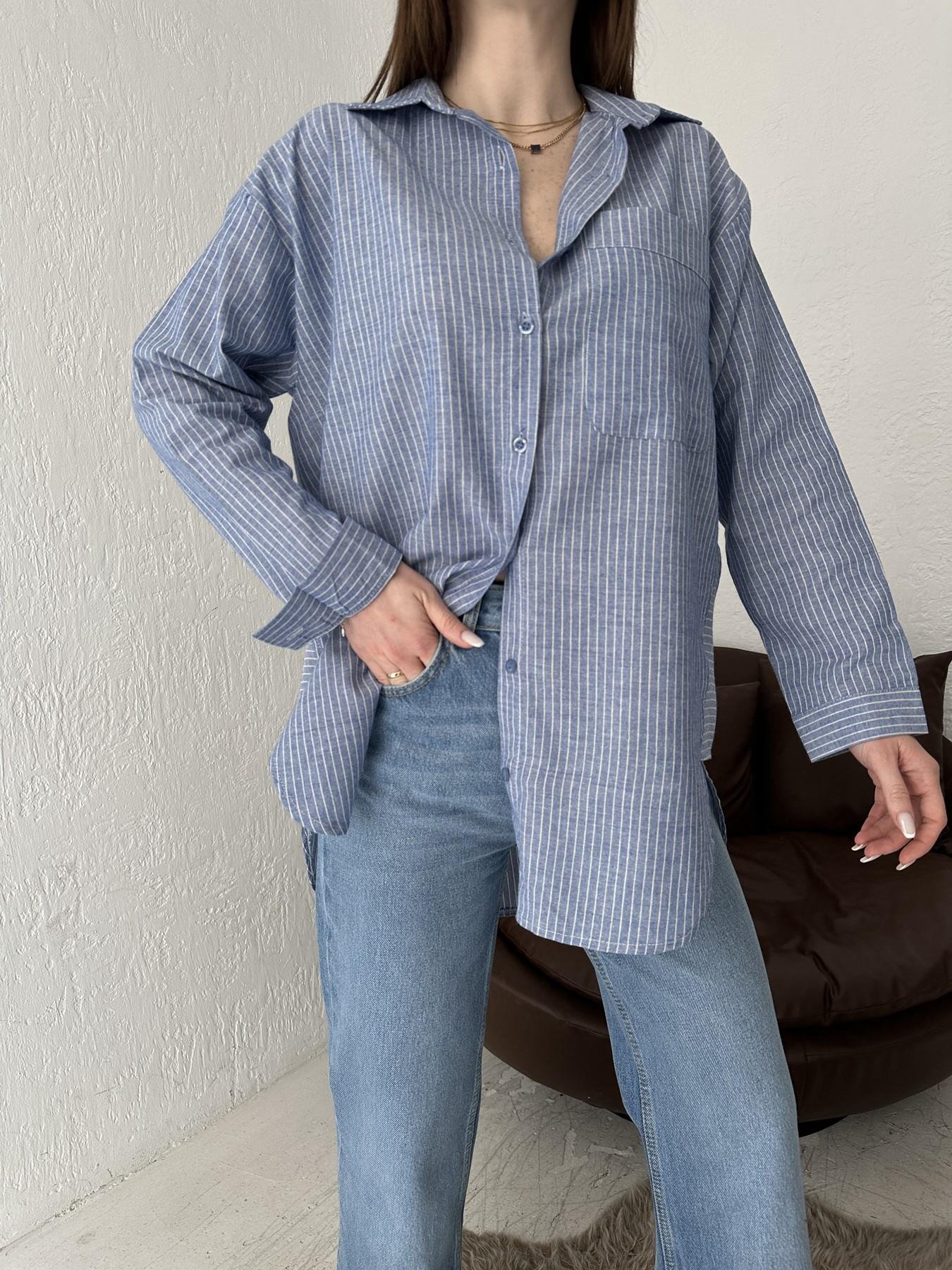 Çizgili Oversize Tek Cepli Gömlek MAVİ-EKRU