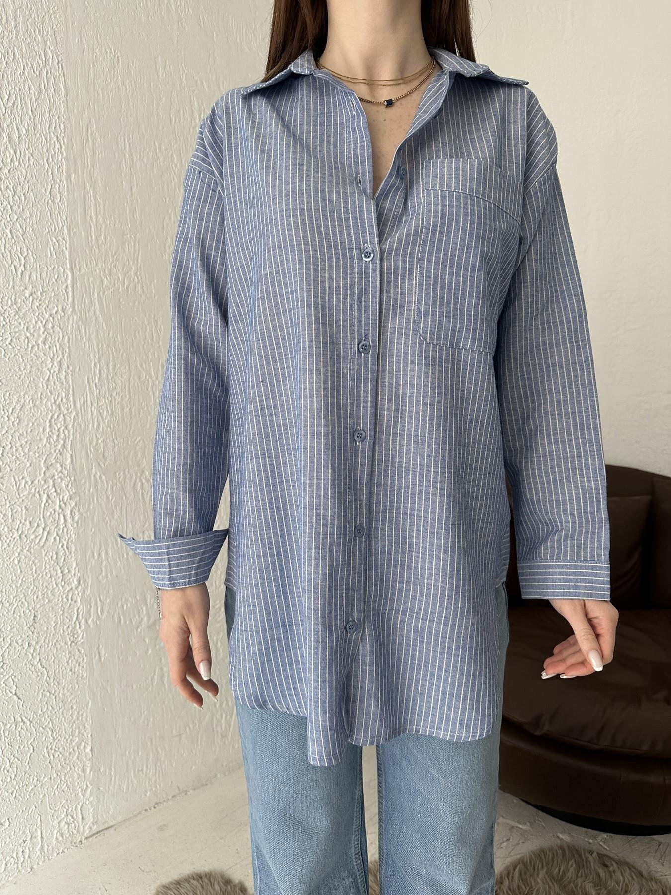 Çizgili Oversize Tek Cepli Gömlek MAVİ-EKRU
