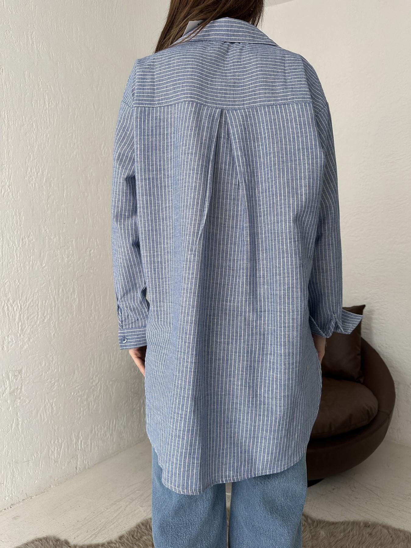 Çizgili Oversize Tek Cepli Gömlek MAVİ-EKRU