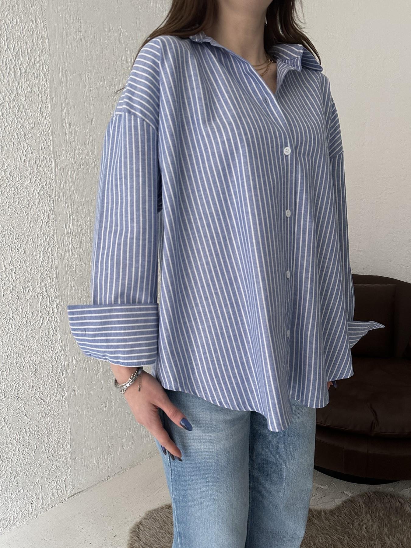 Çizgili Pamuklu Oversize Gömlek MAVİ-BEYAZ