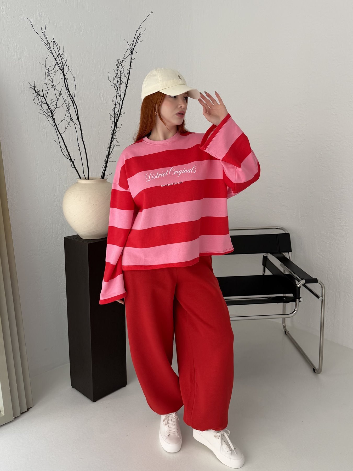 Çizgili Salaş Sweatshırt Pembe-kırmızı