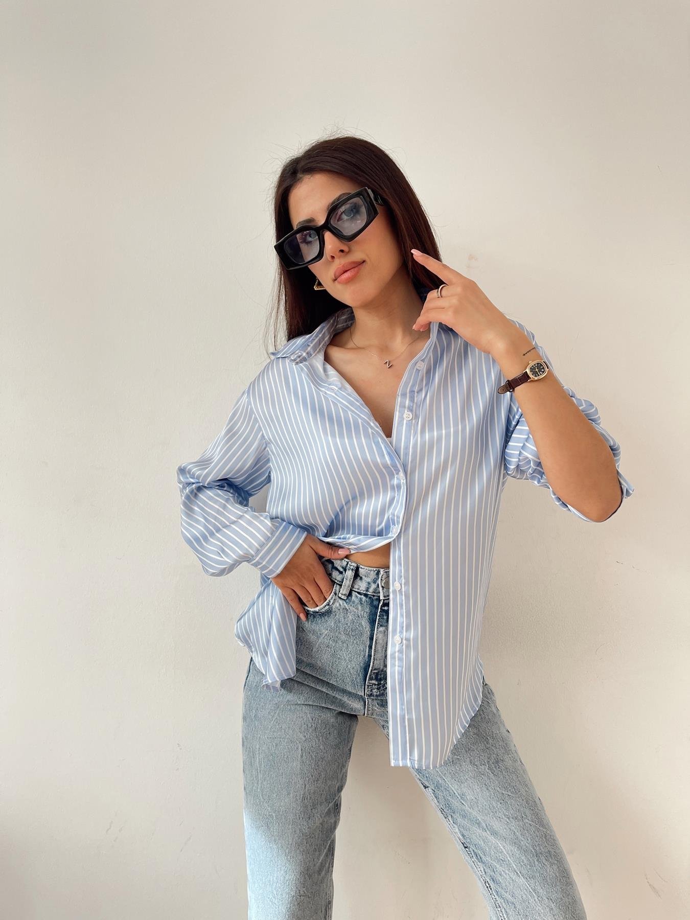 Çizgili Saten Gömlek MAVİ