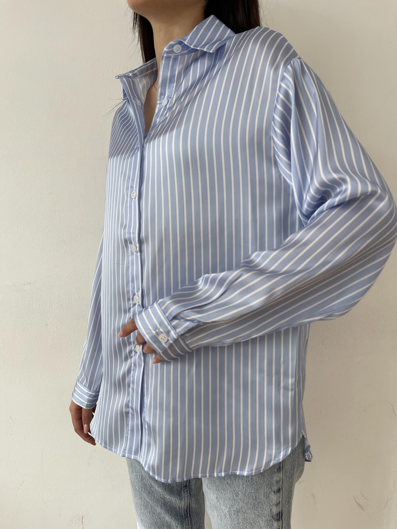 Çizgili Saten Gömlek MAVİ