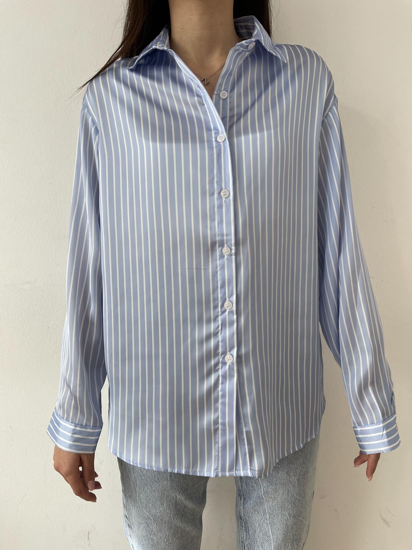 Çizgili Saten Gömlek MAVİ