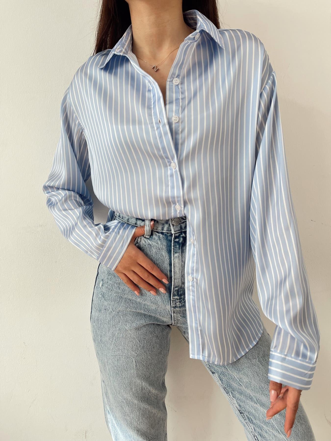 Çizgili Saten Gömlek MAVİ