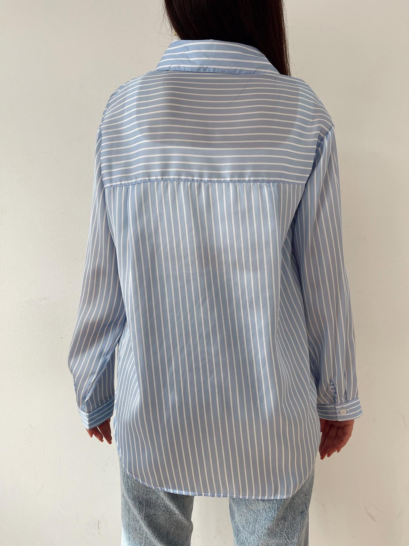 Çizgili Saten Gömlek MAVİ