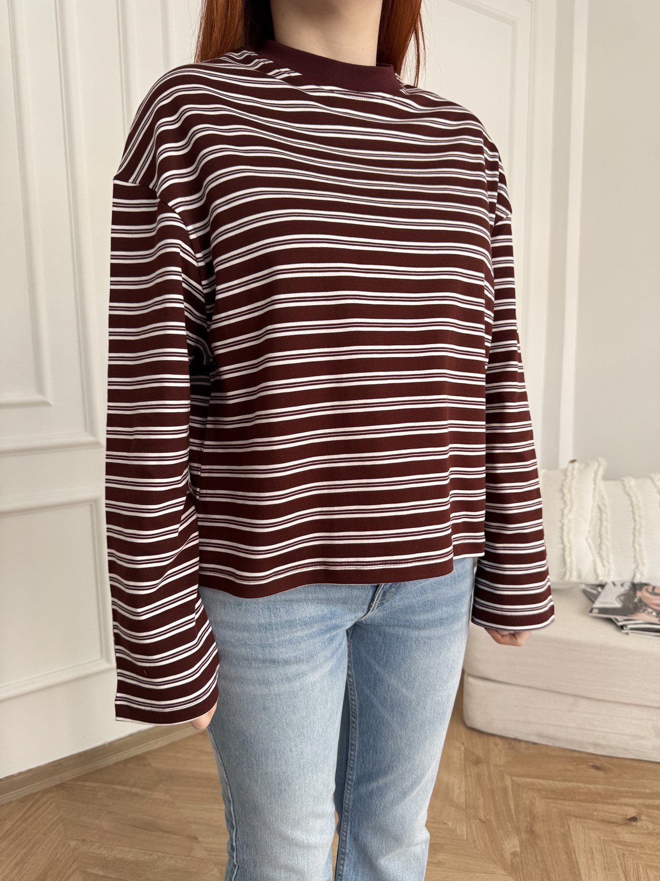 Çizgili Sweatshirt Bordo-ekru