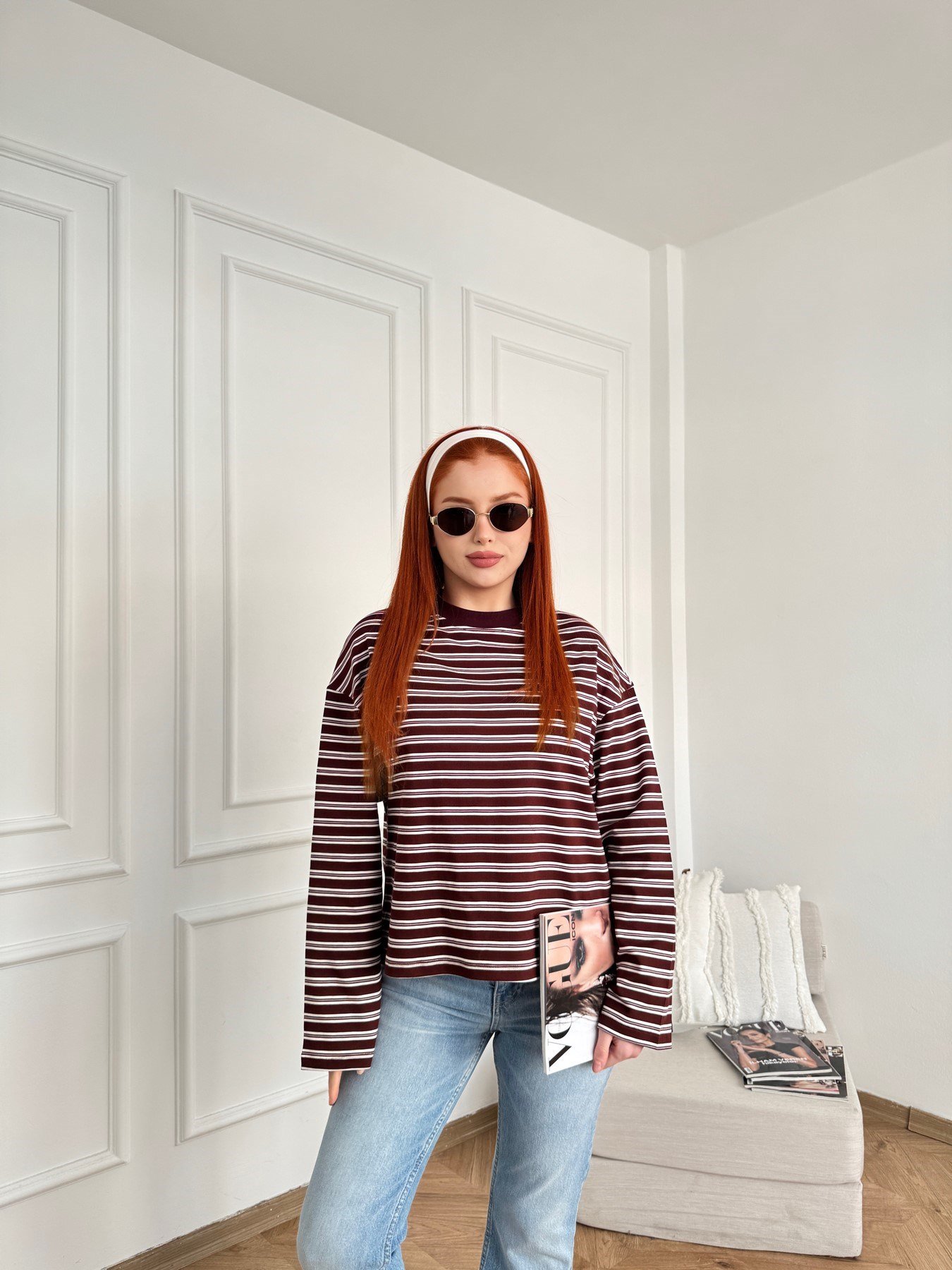 Çizgili Sweatshirt Bordo-ekru
