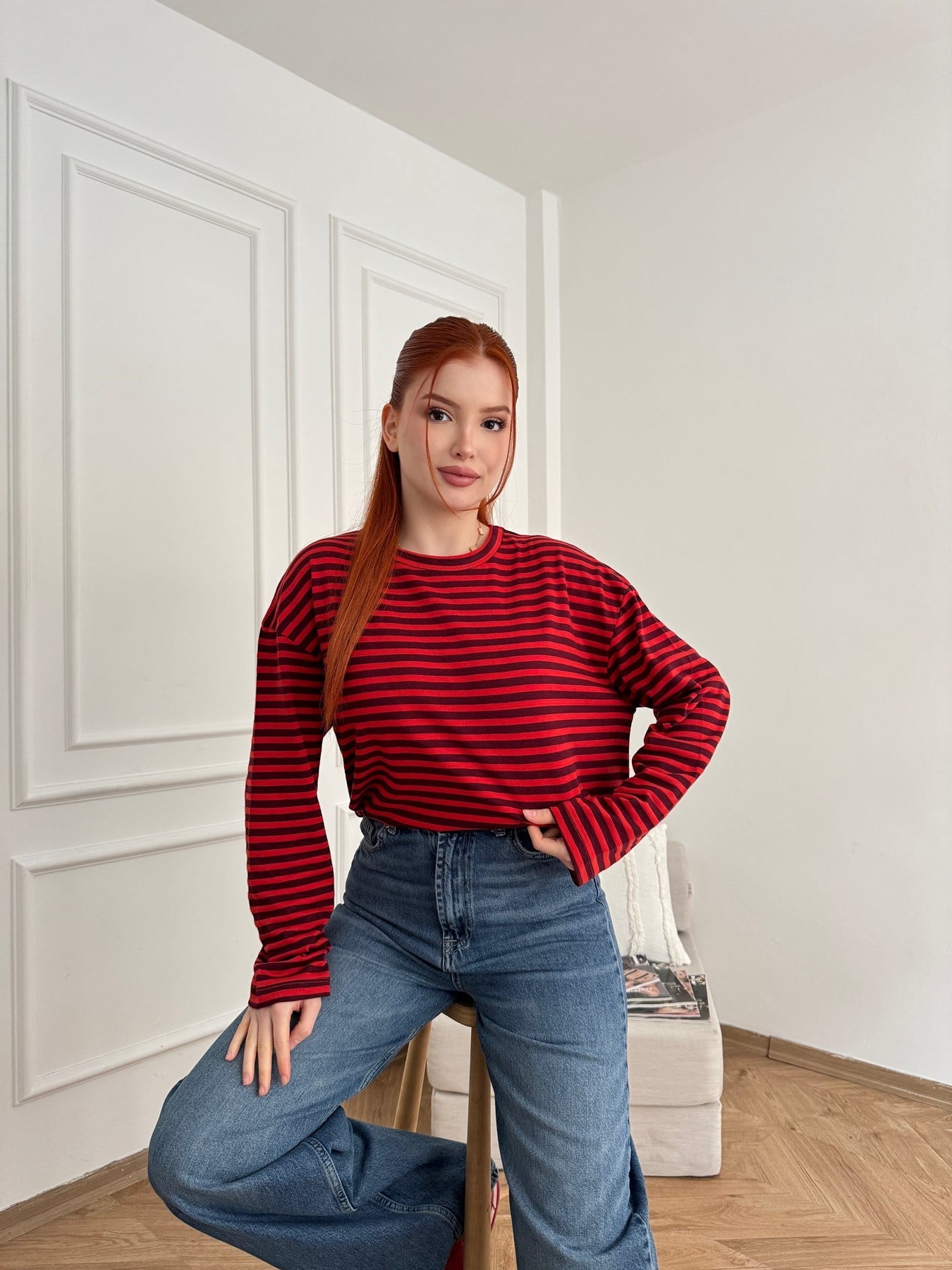 Çizgili Sweatshirt Bordo-kırmızı