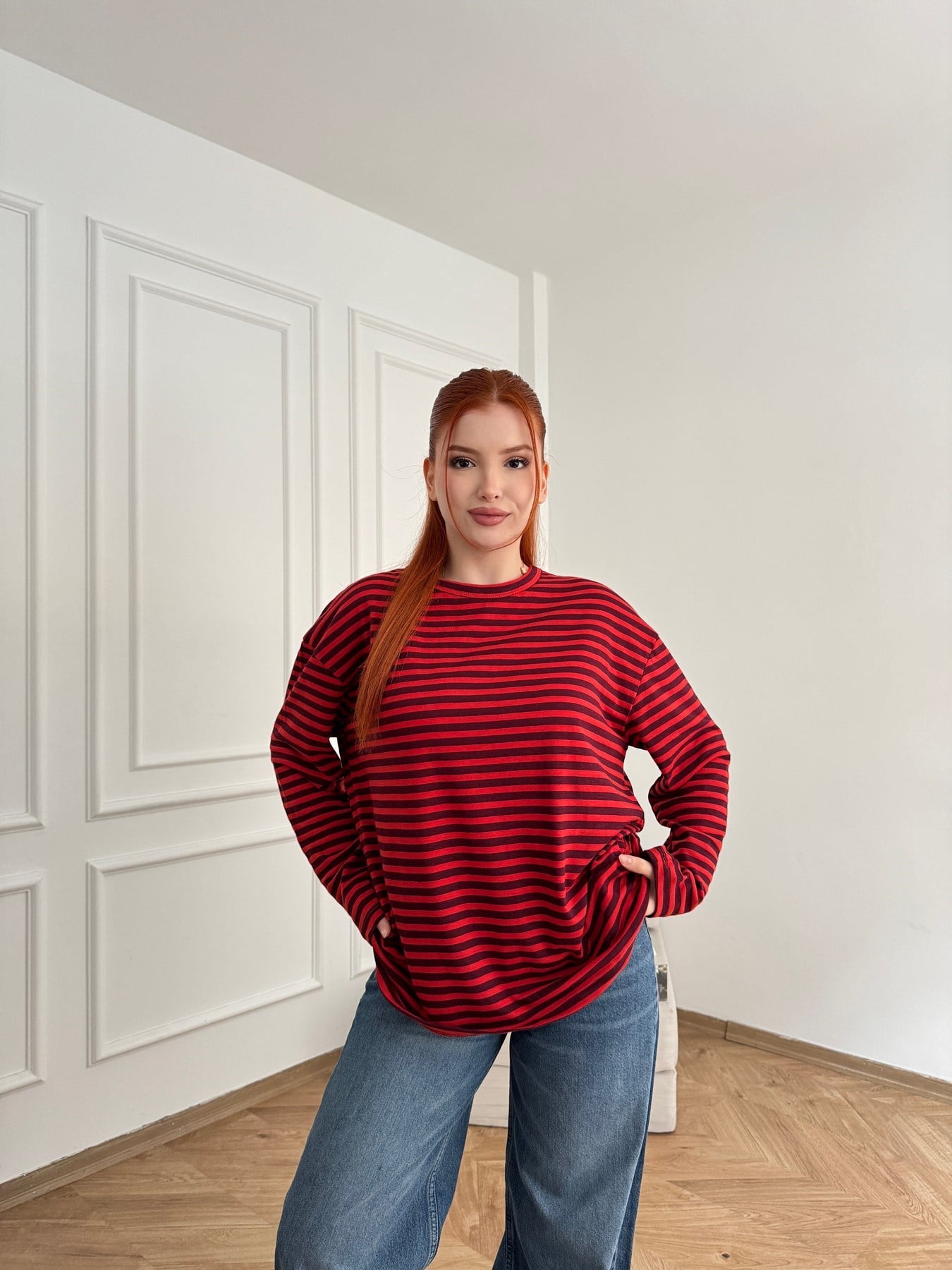 Çizgili Sweatshirt Bordo-kırmızı