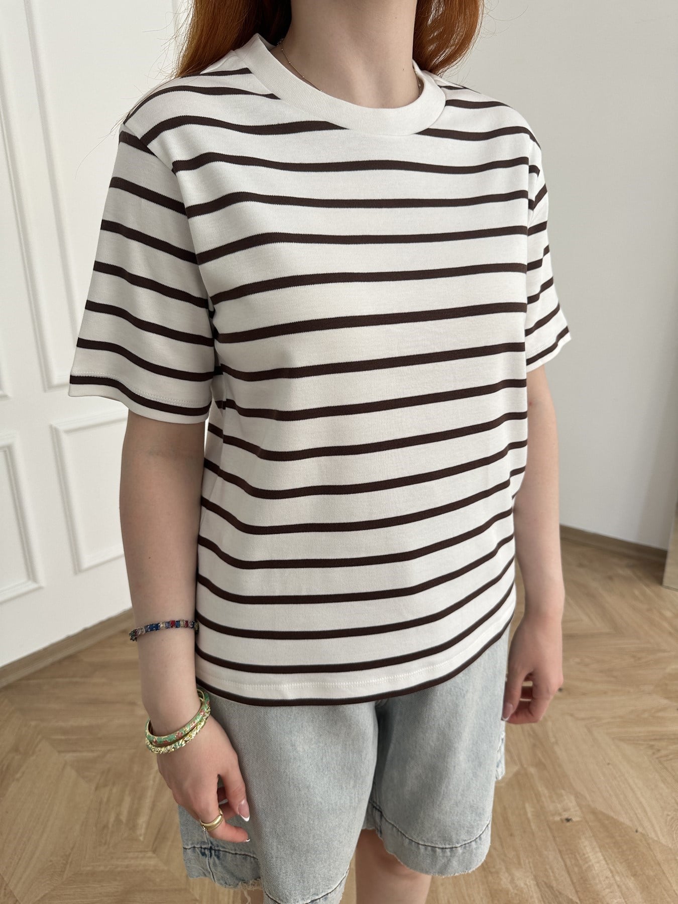 Çizgili T-shirt Ekru-kahve