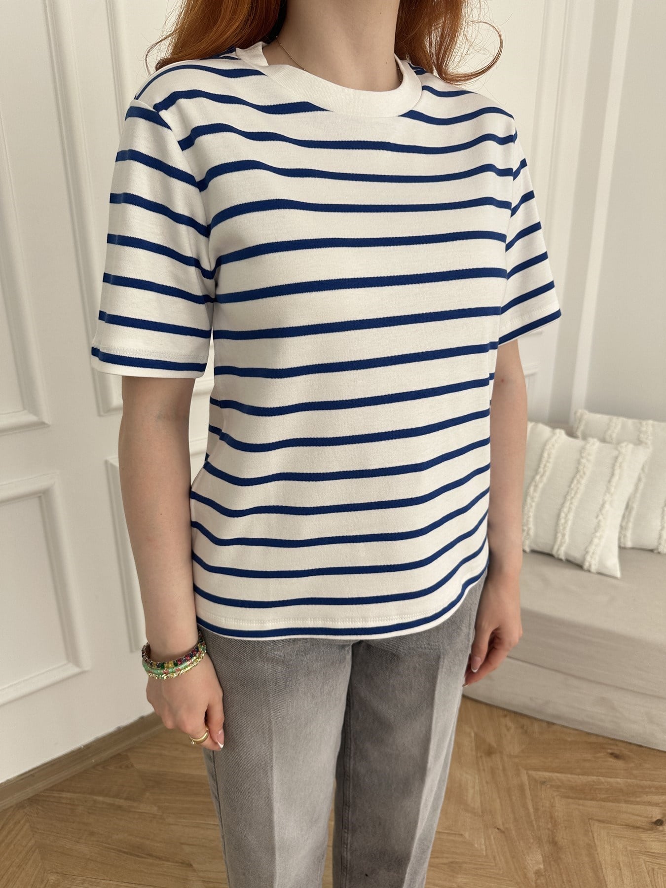 Çizgili T-shirt Ekru-sax