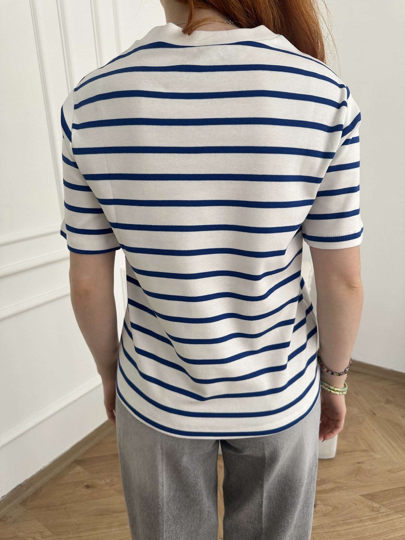 Çizgili T-shirt Ekru-sax