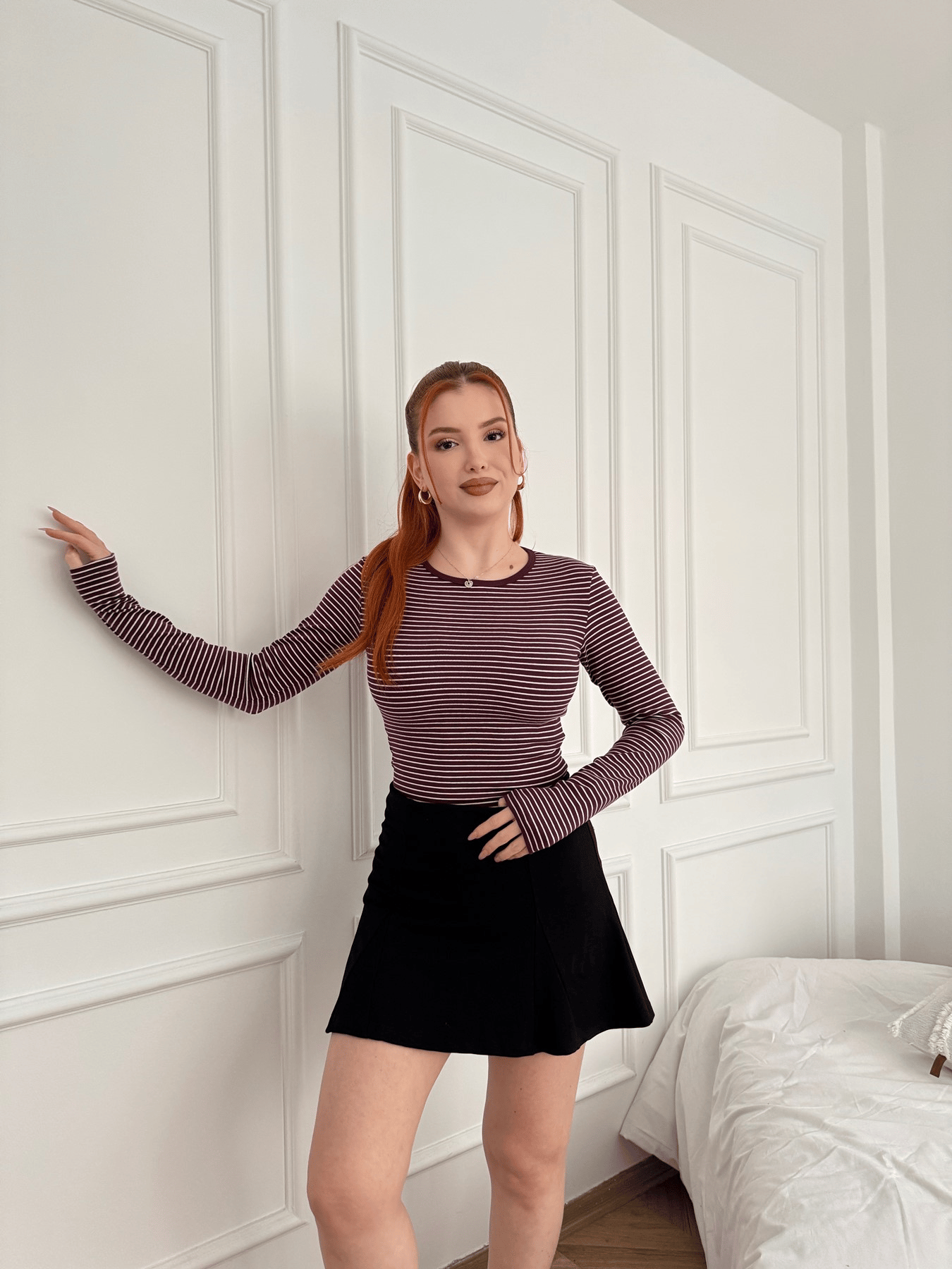 Çizgili Tişört Bordo-ekru