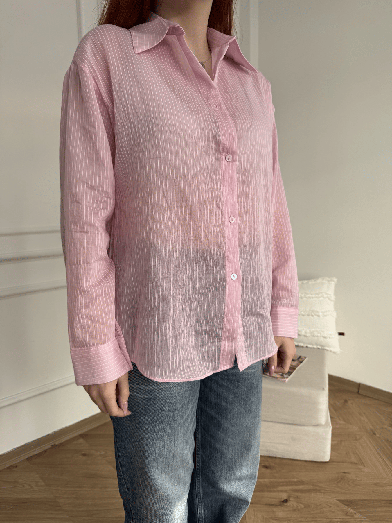 Çizgili Transparan Gömlek Pembe