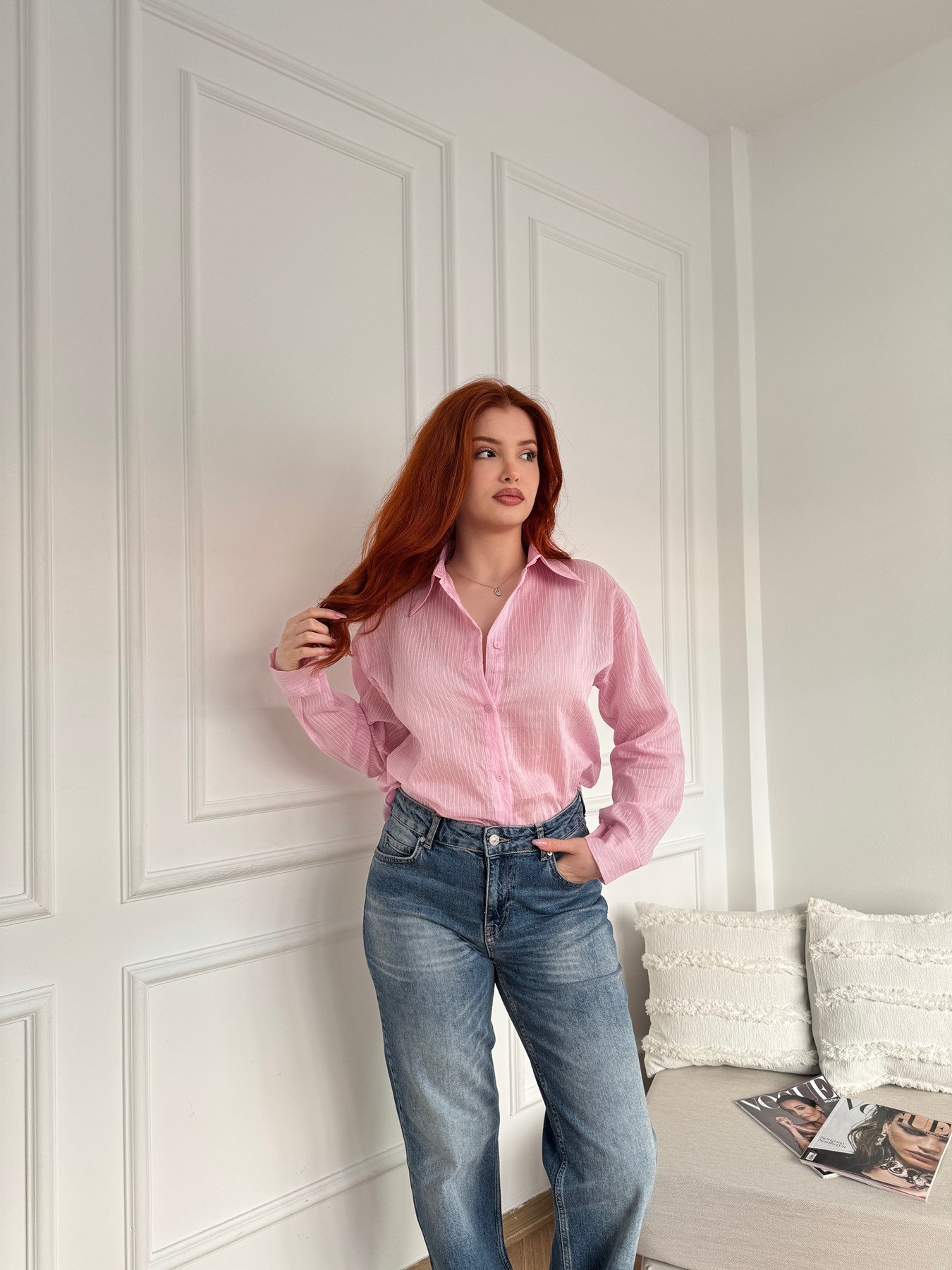 Çizgili Transparan Gömlek Pembe
