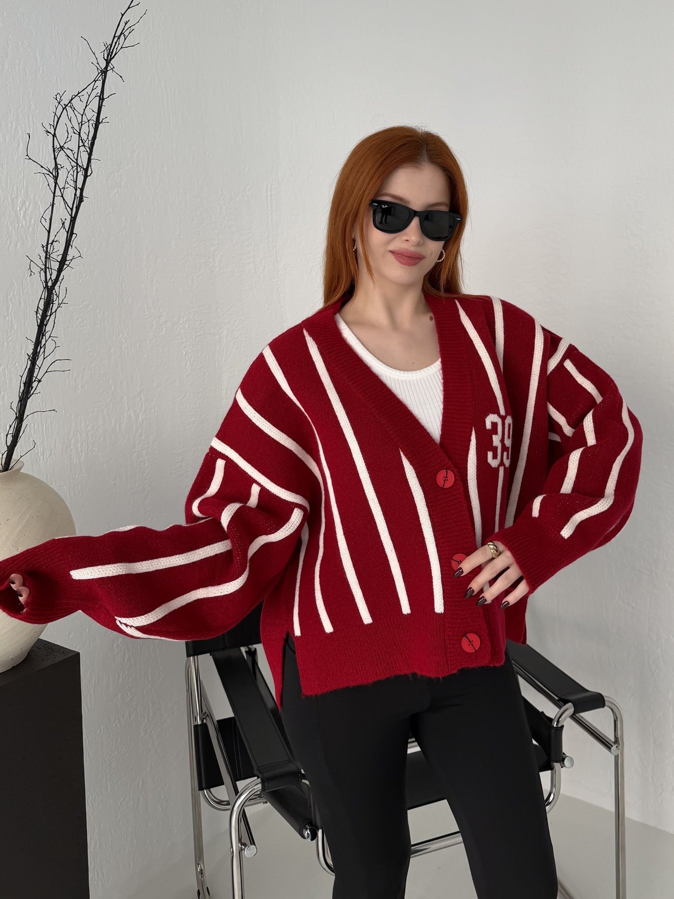 Çizgili Vatkalı Hırka Kırmızı