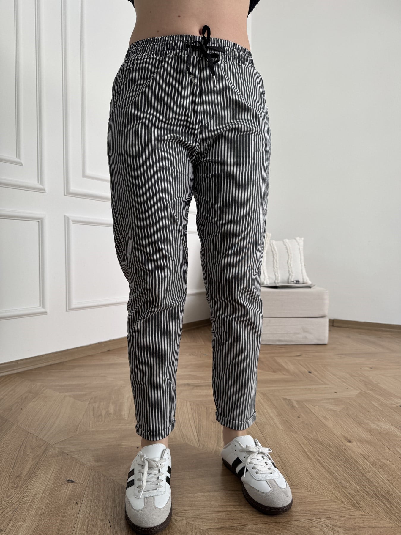 Çizgili Yan Cep Double Paça Premium Pantolon Siyah