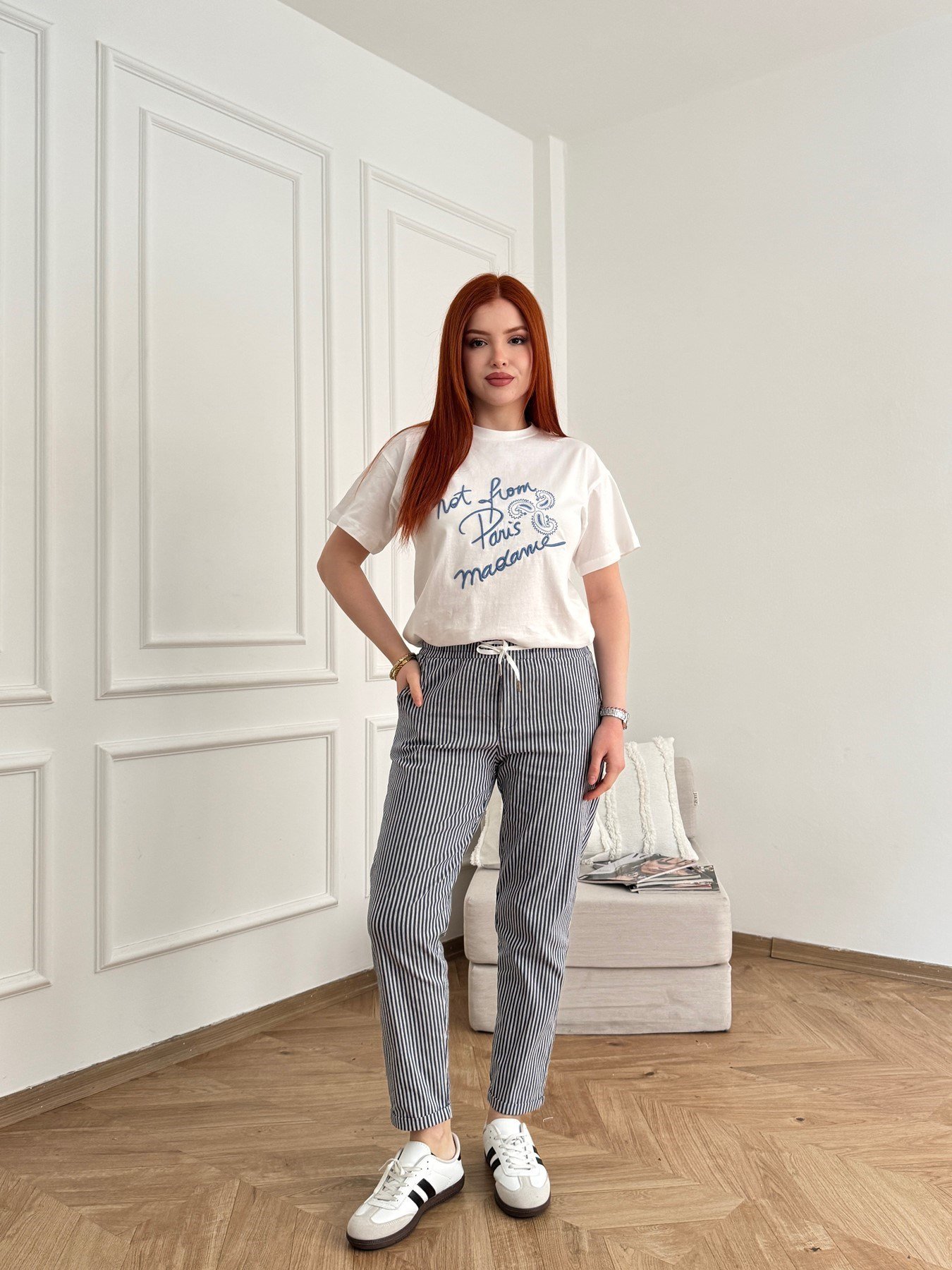 Çizgili Yan Cep Double Paça Premium Pantolon Lacivert