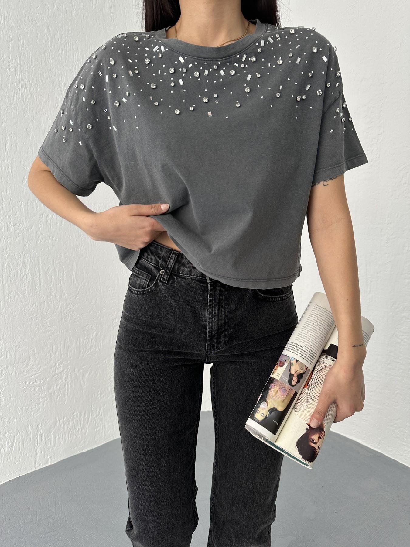 Damla Taşlı Bisiklet Yaka Tişört Antrasit