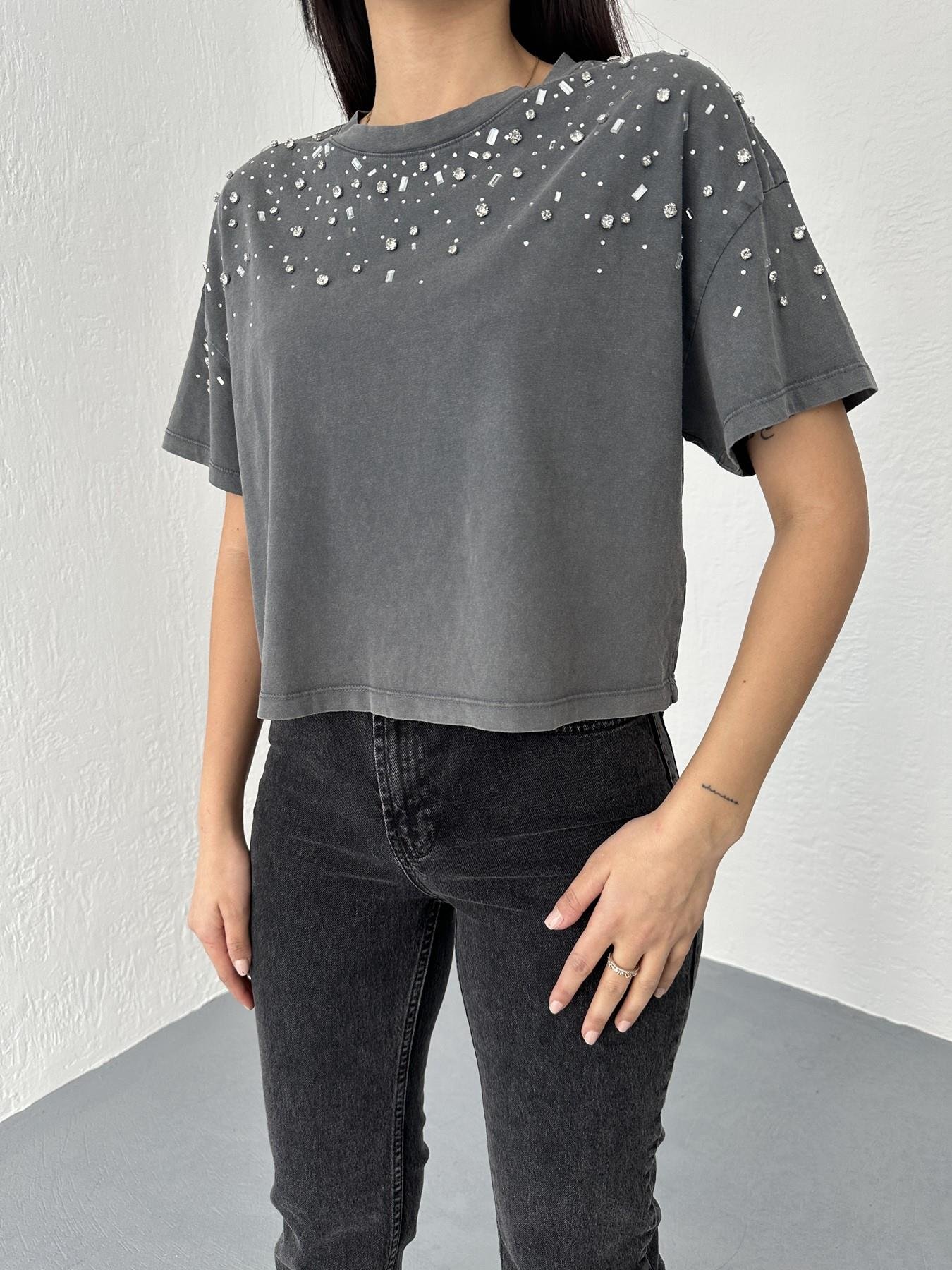 Damla Taşlı Bisiklet Yaka Tişört Antrasit