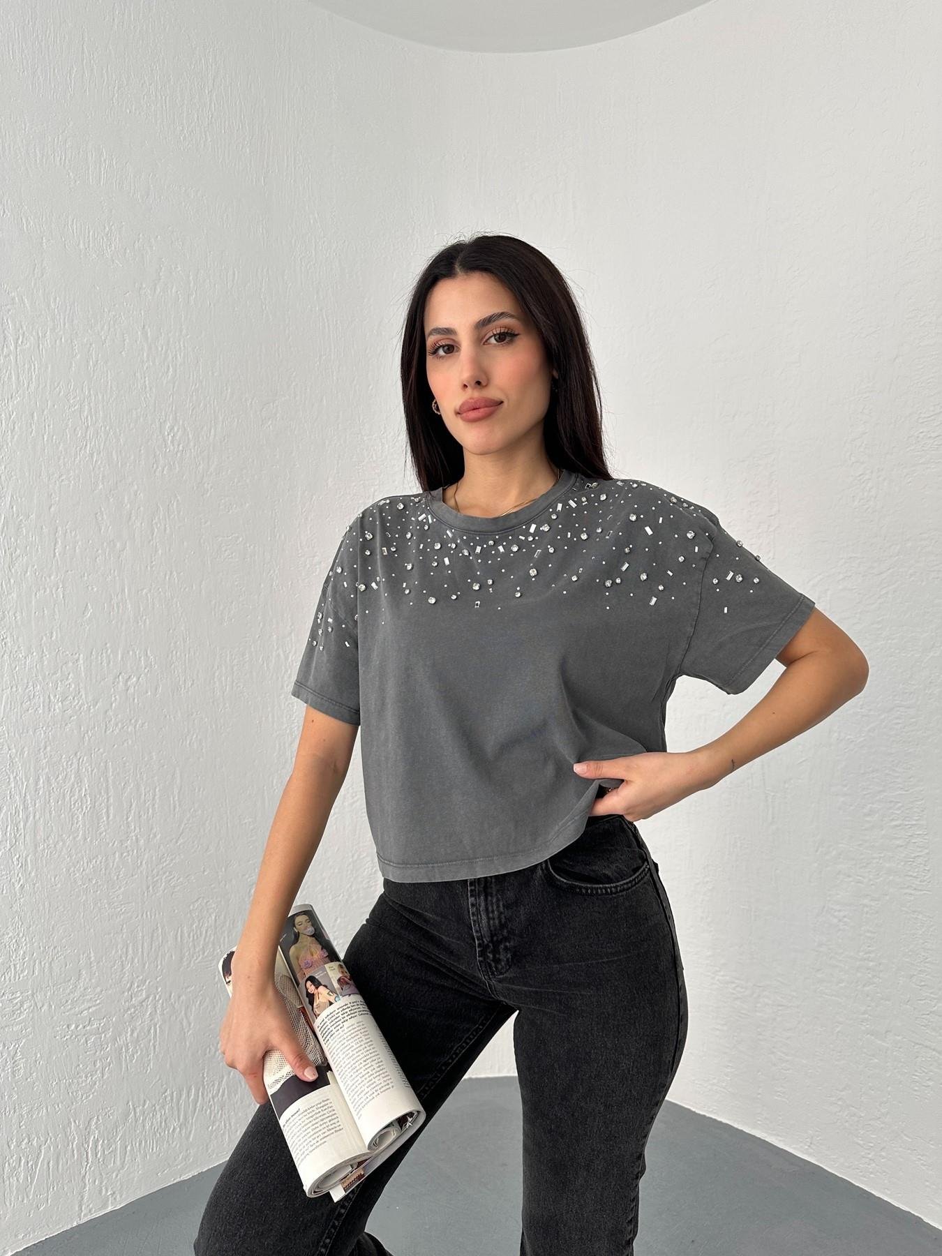 Damla Taşlı Bisiklet Yaka Tişört Antrasit