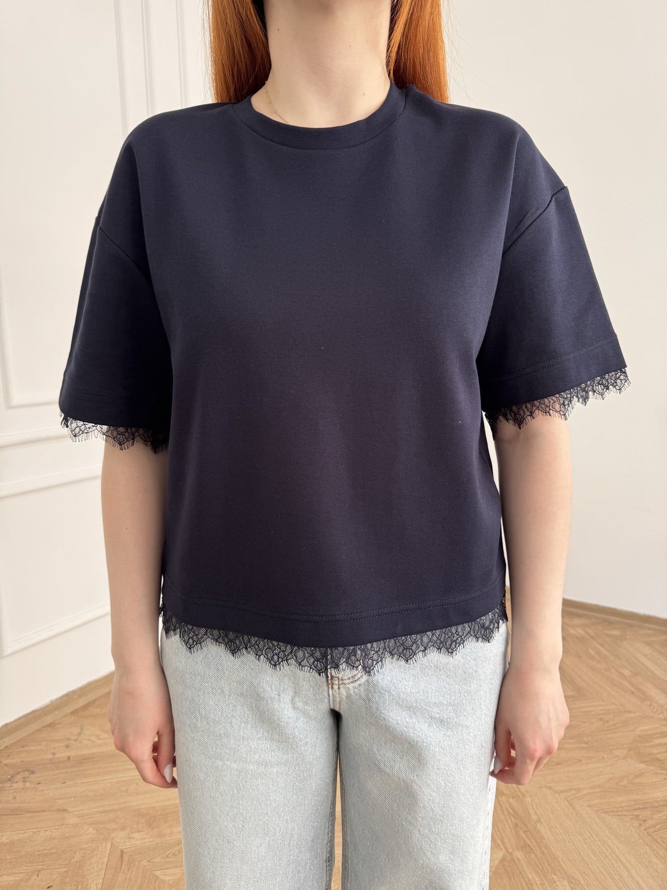 Dantel Detay Kısa Kol T-shirt Lacivert
