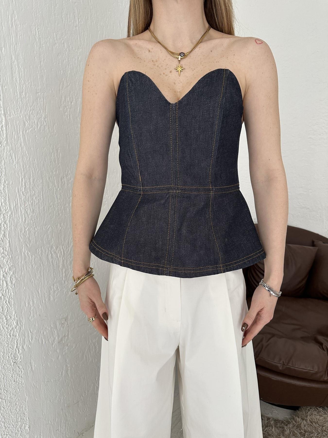 Denim Straplez Bluz Lacivert