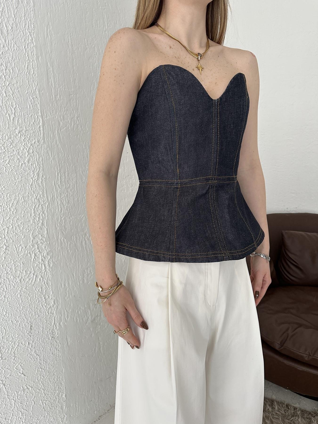 Denim Straplez Bluz Lacivert