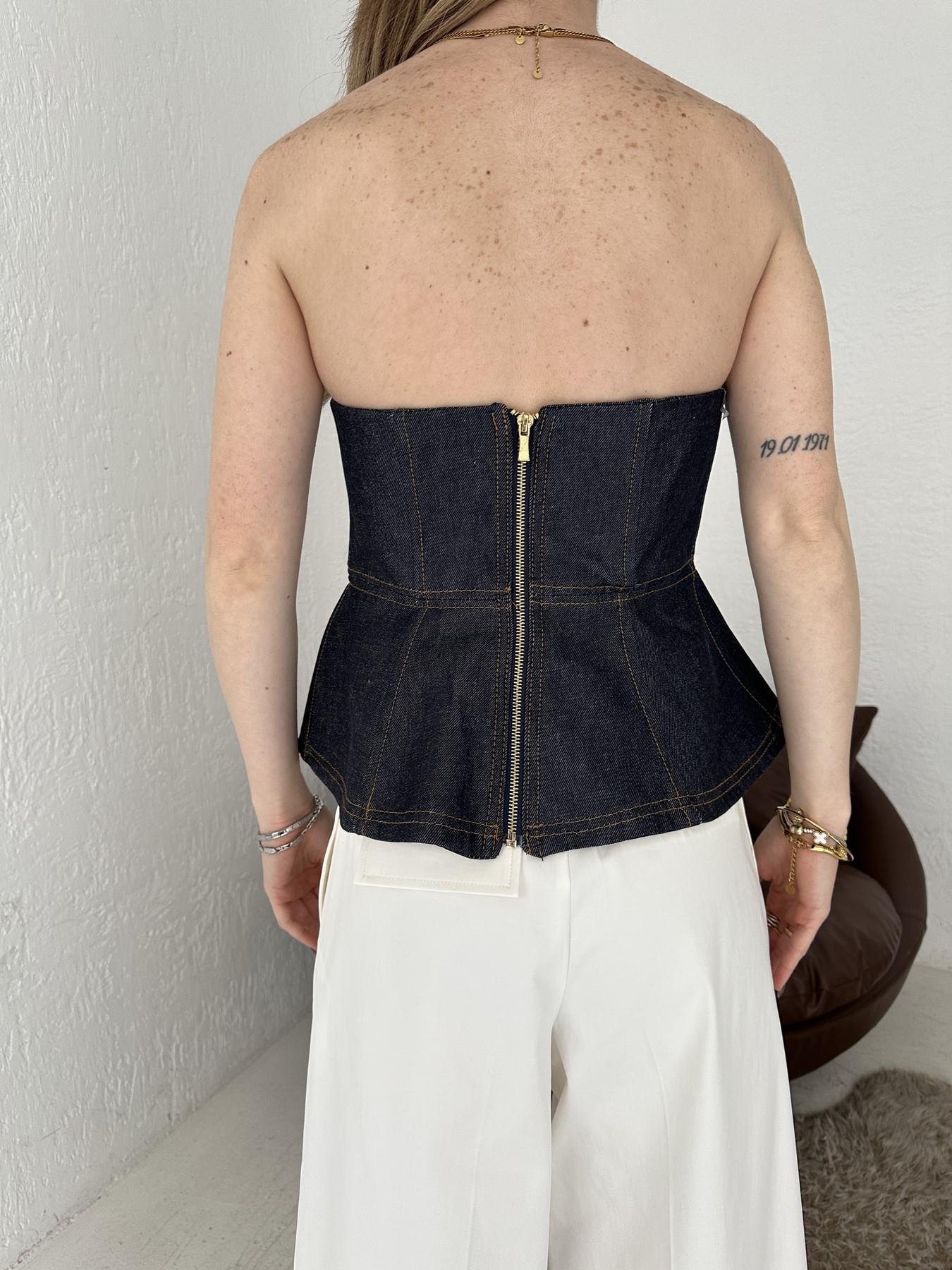 Denim Straplez Bluz Lacivert