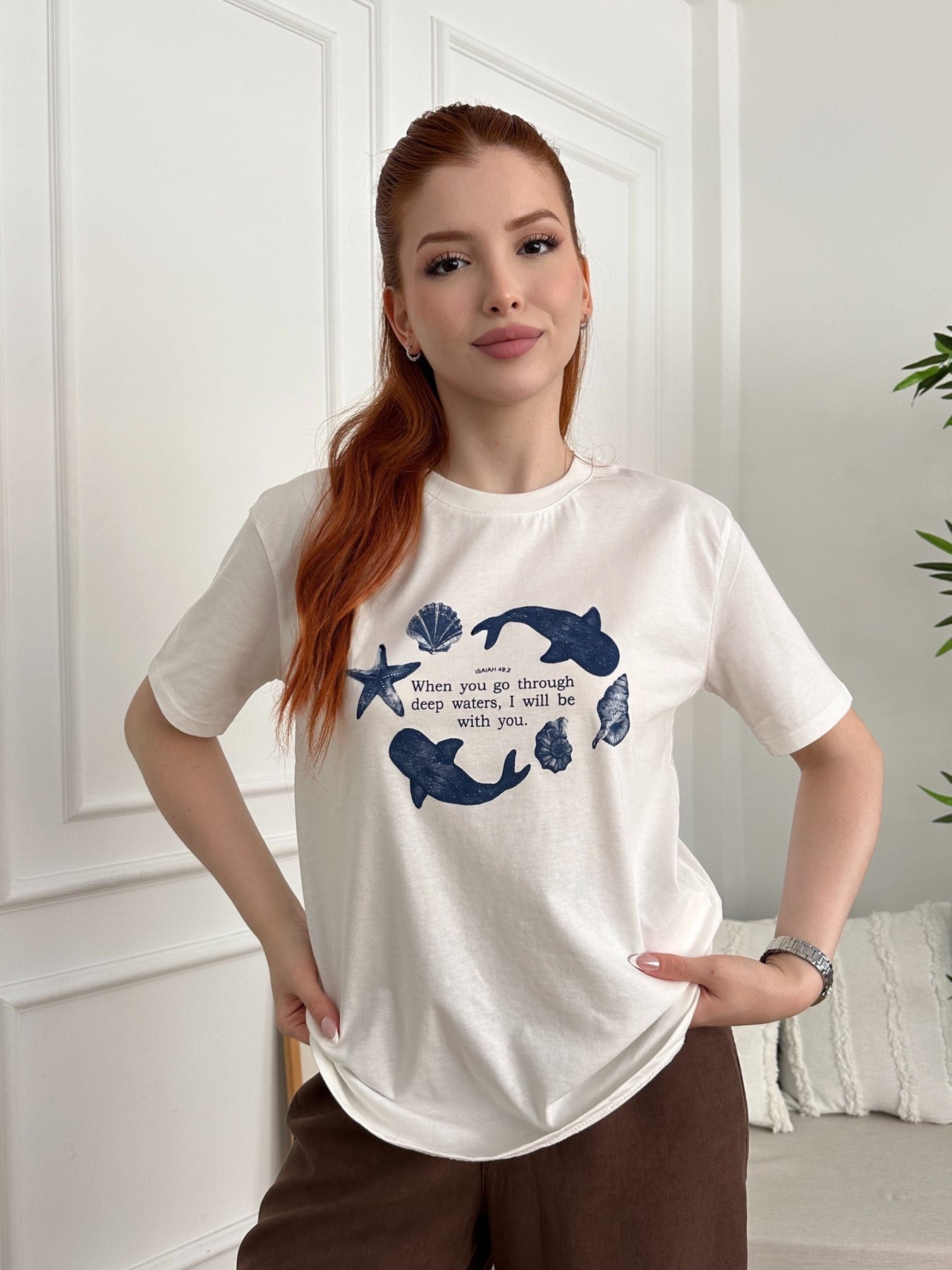 Deniz Canlıları Baskılı T-shirt Ekru