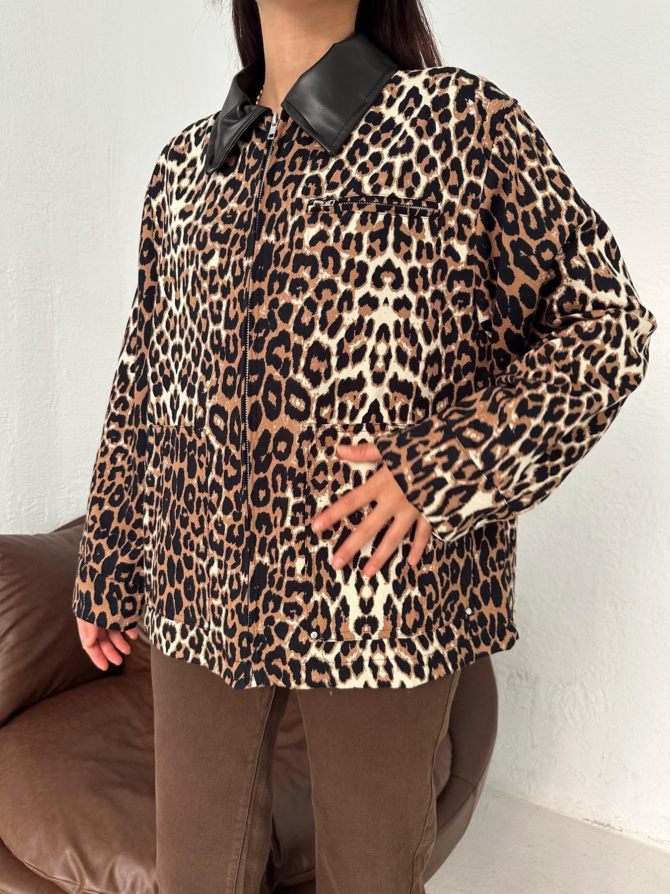 Deri Yakalı Leopar Ceket KAHVE