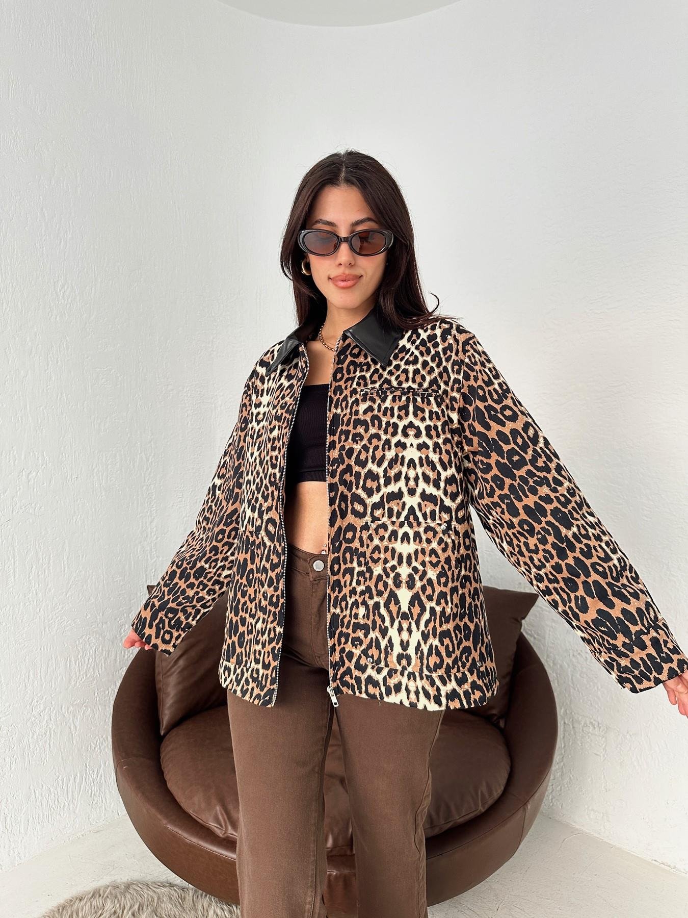 Deri Yakalı Leopar Ceket KAHVE