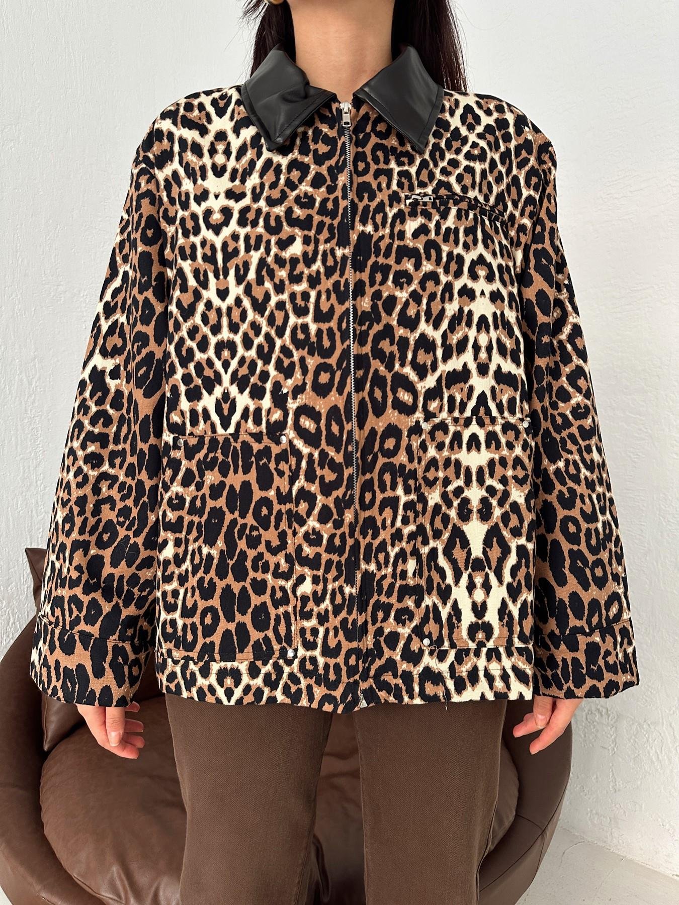 Deri Yakalı Leopar Ceket KAHVE