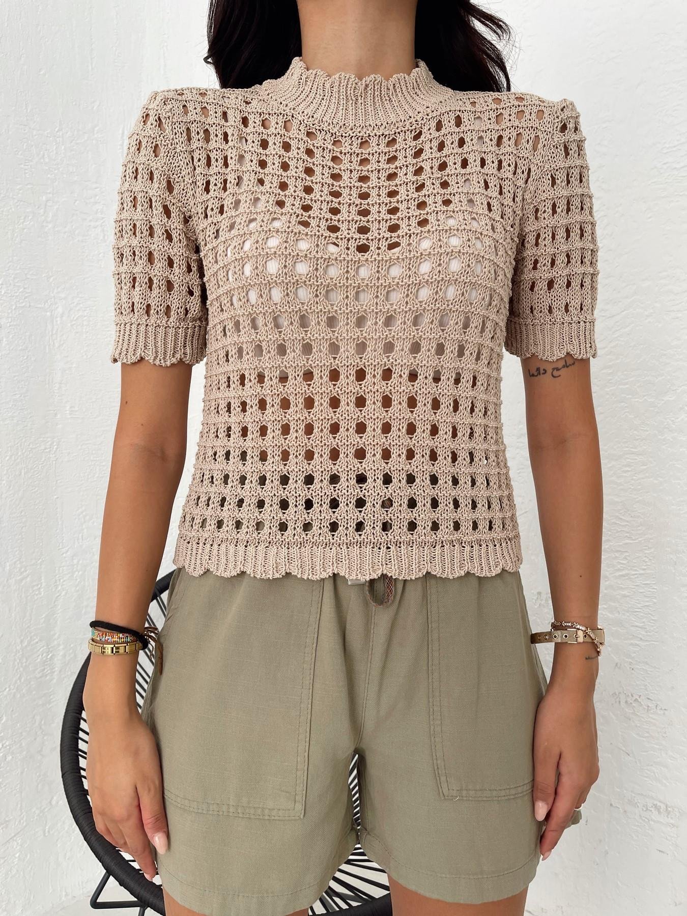 Dik Yaka Ajurlu Kısa Kol Triko TAŞ